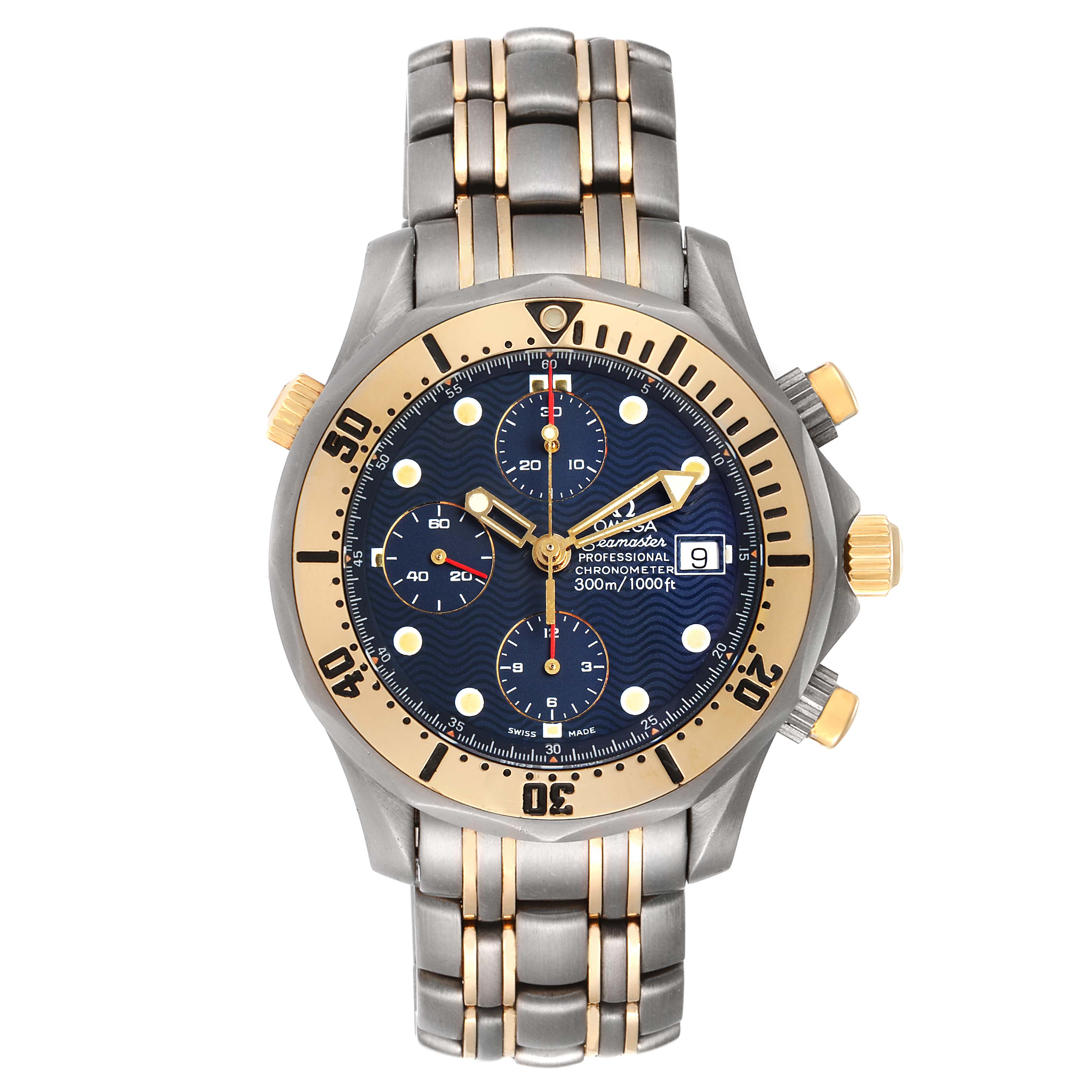 This image shows a front view of an Omega Seamaster 2297.80.00 Men
s Titanium Blue Dial 2297.80.00 Men
s Titanium Blue Dial watch, featuring its bracelet, bezel, dial, and crown.