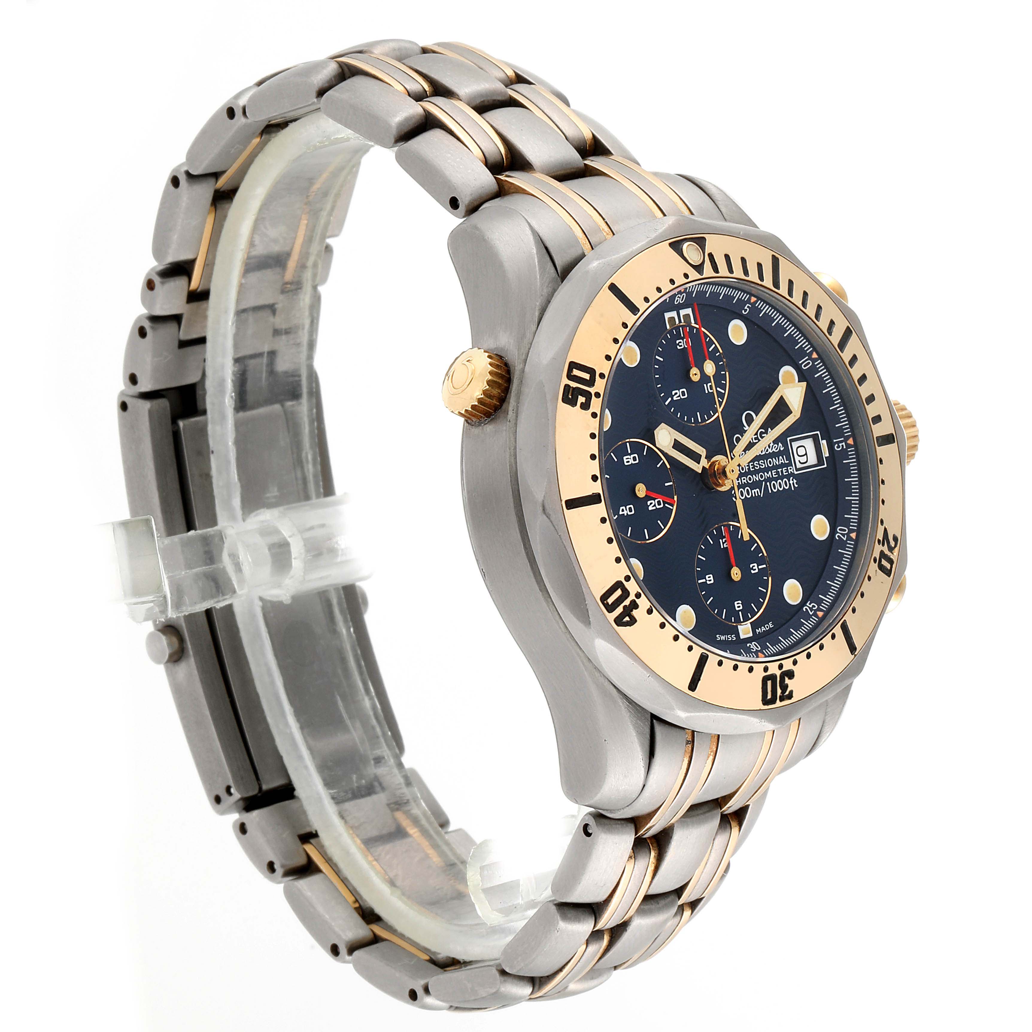 The image shows an angled view of an Omega Seamaster 2297.80.00 Men
s Titanium Blue Dial 2297.80.00 Men
s Titanium Blue Dial watch, highlighting its bracelet, crown, bezel, and dial.