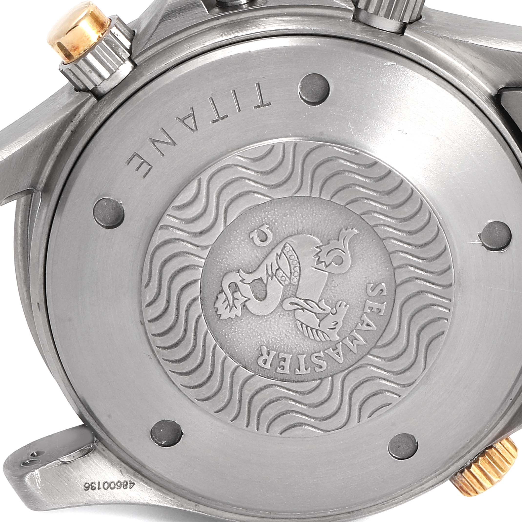 The image shows the back case, with brand and model engravings of the Omega Seamaster 2297.80.00 Men
s Titanium Blue Dial 2297.80.00 Men
s Titanium Blue Dial watch.