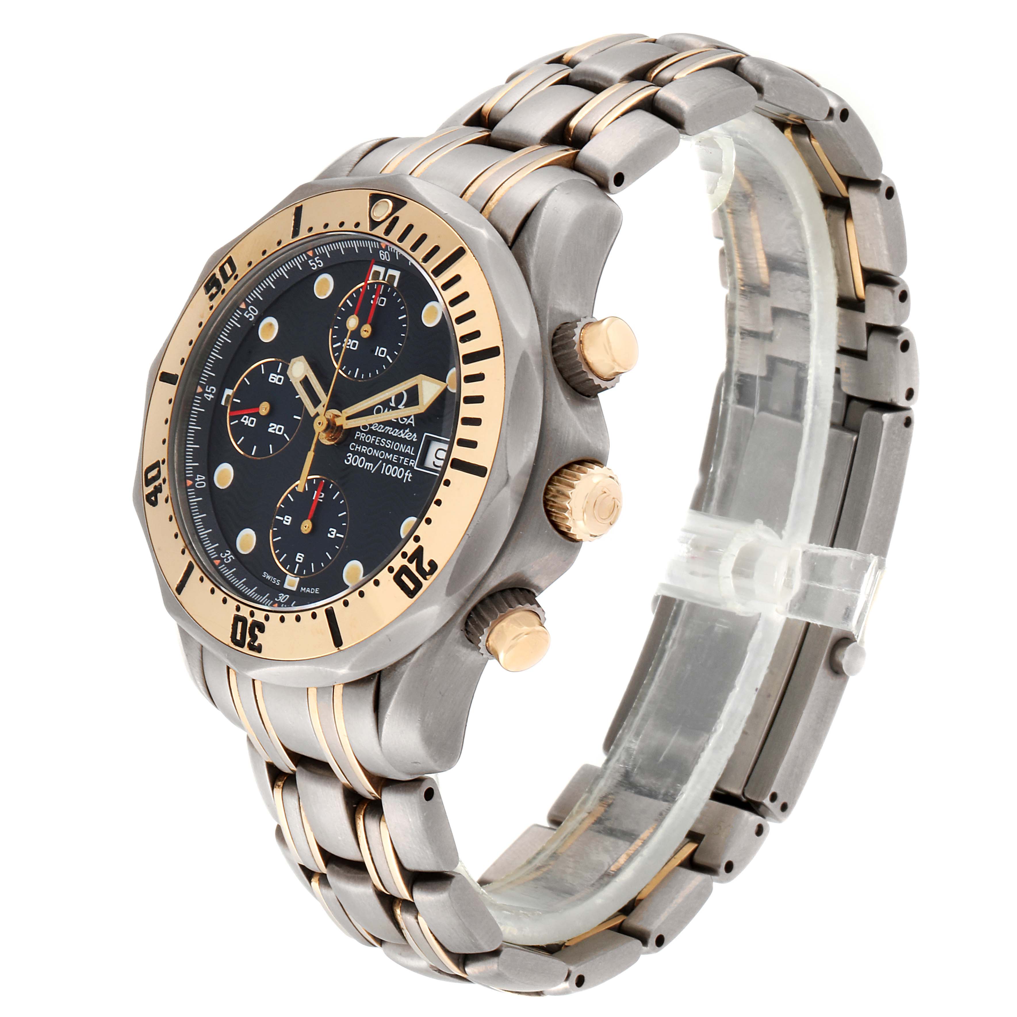 The image shows an angled side view of the Omega Seamaster 2297.80.00 Men
s Titanium Blue Dial 2297.80.00 Men
s Titanium Blue Dial watch, highlighting the bezel, dial, crown, and strap.