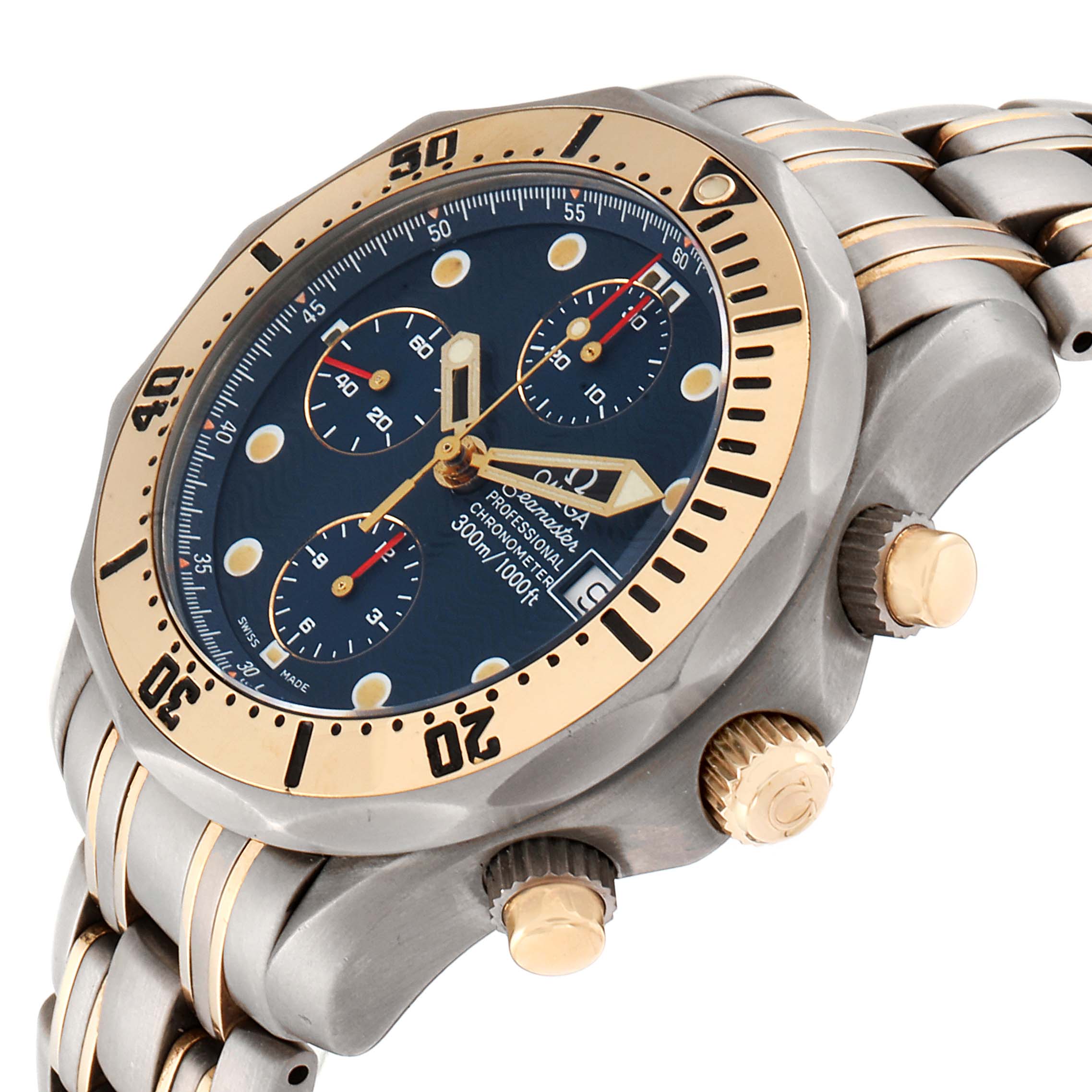The image shows a side angle of the Omega Seamaster 2297.80.00 Men
s Titanium Blue Dial 2297.80.00 Men
s Titanium Blue Dial watch, highlighting the bezel, crown, and part of the bracelet.