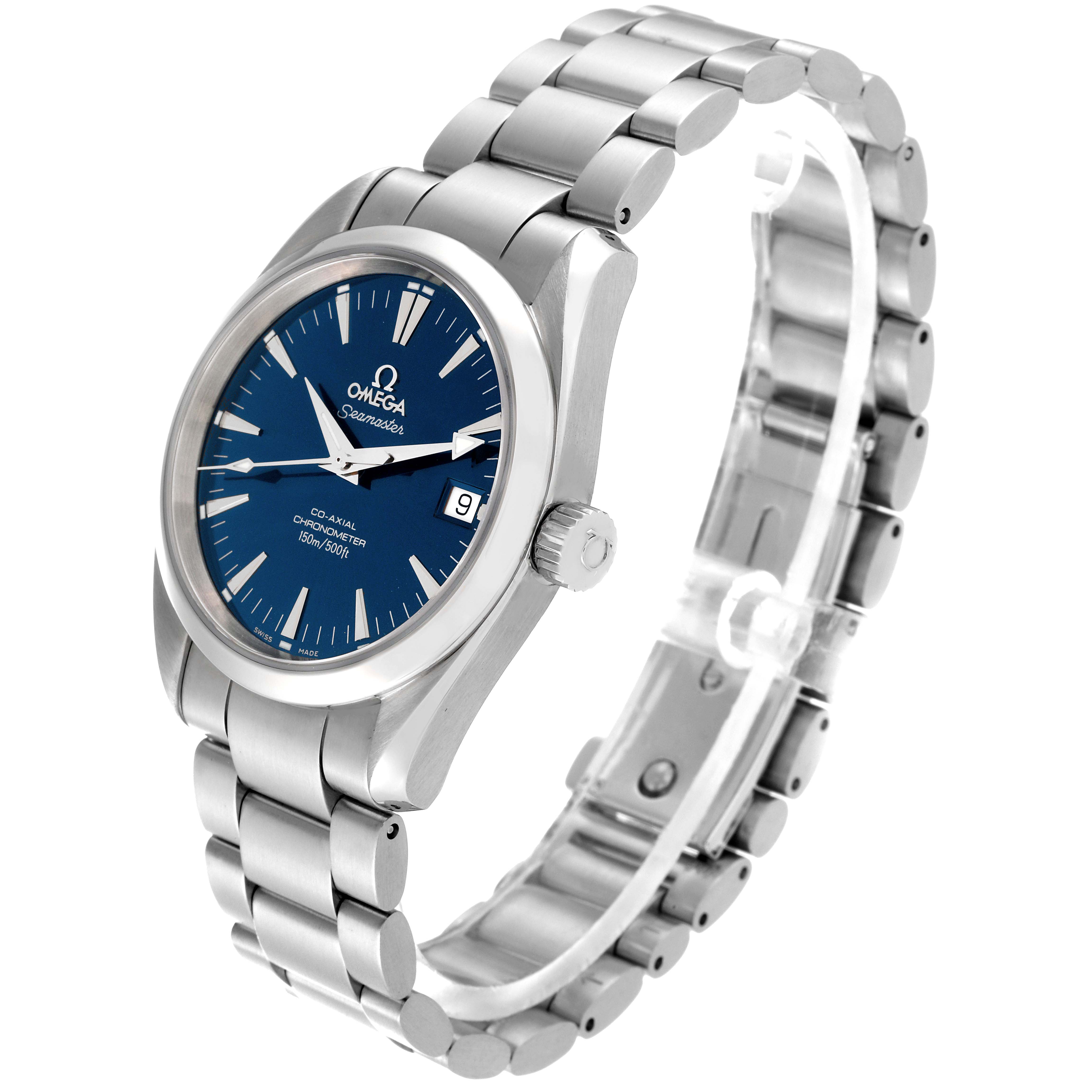The Omega Aqua Terra 2504.80.00 Men
s Stainless Steel Blue Dial 2504.80.00 Men
s Stainless Steel Blue Dial watch is shown at a slight angle, displaying the face, crown, and bracelet.
