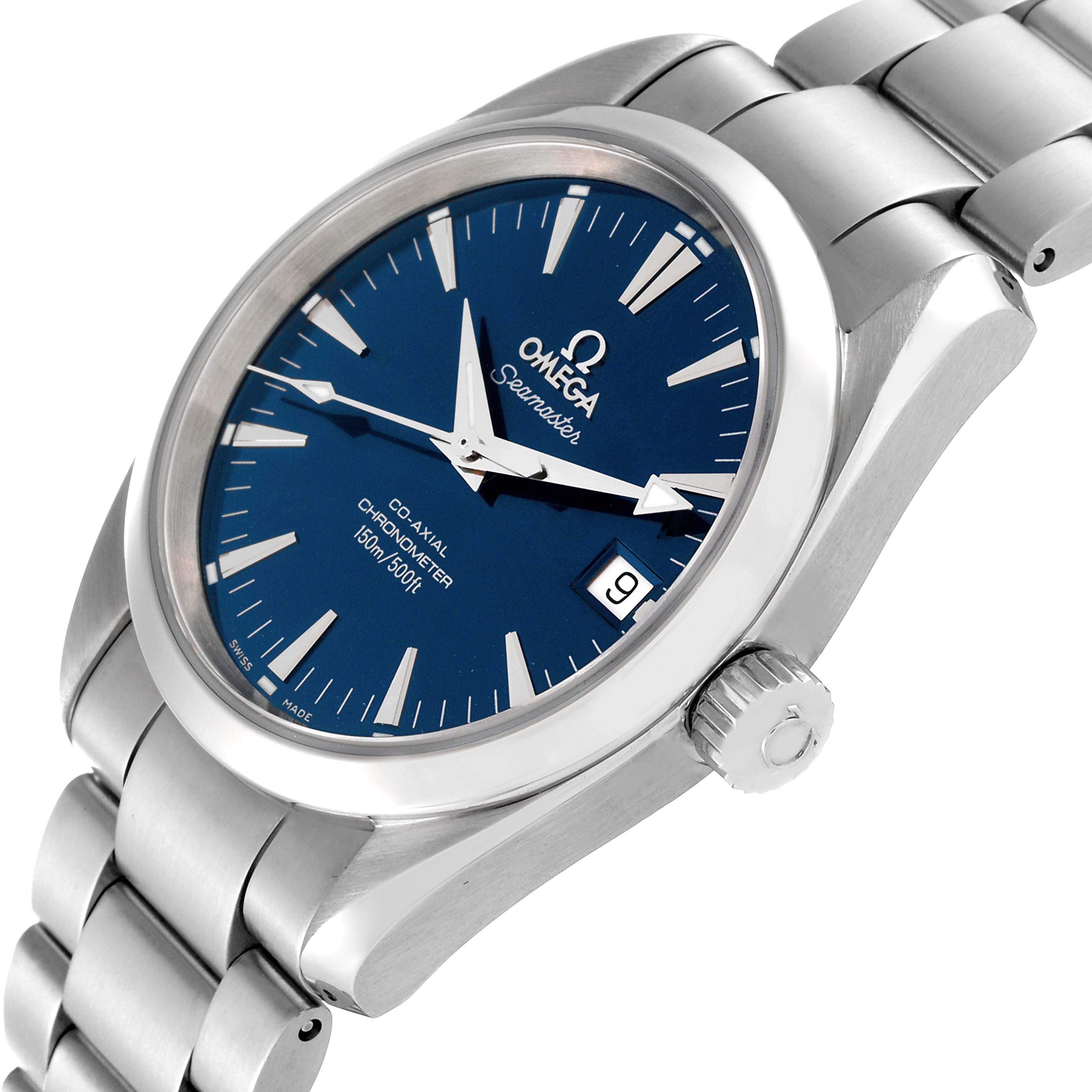 The image shows a side angle of the Omega Aqua Terra 2504.80.00 Men
s Stainless Steel Blue Dial 2504.80.00 Men
s Stainless Steel Blue Dial watch, highlighting its blue dial, stainless steel case, and bracelet.