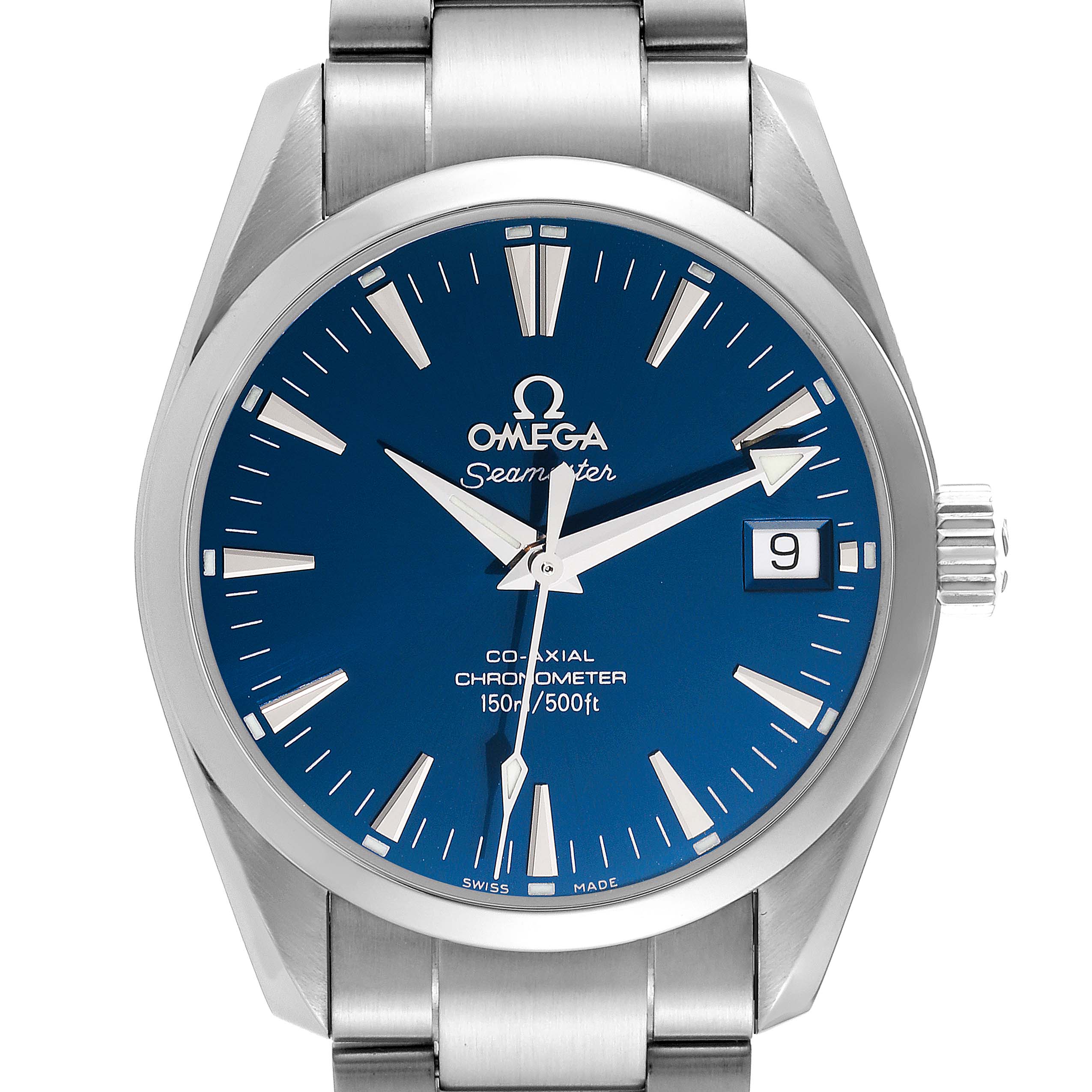 The image shows a frontal view of the Omega Aqua Terra 2504.80.00 Men
s Stainless Steel Blue Dial 2504.80.00 Men
s Stainless Steel Blue Dial watch, displaying its blue dial and metal bracelet.