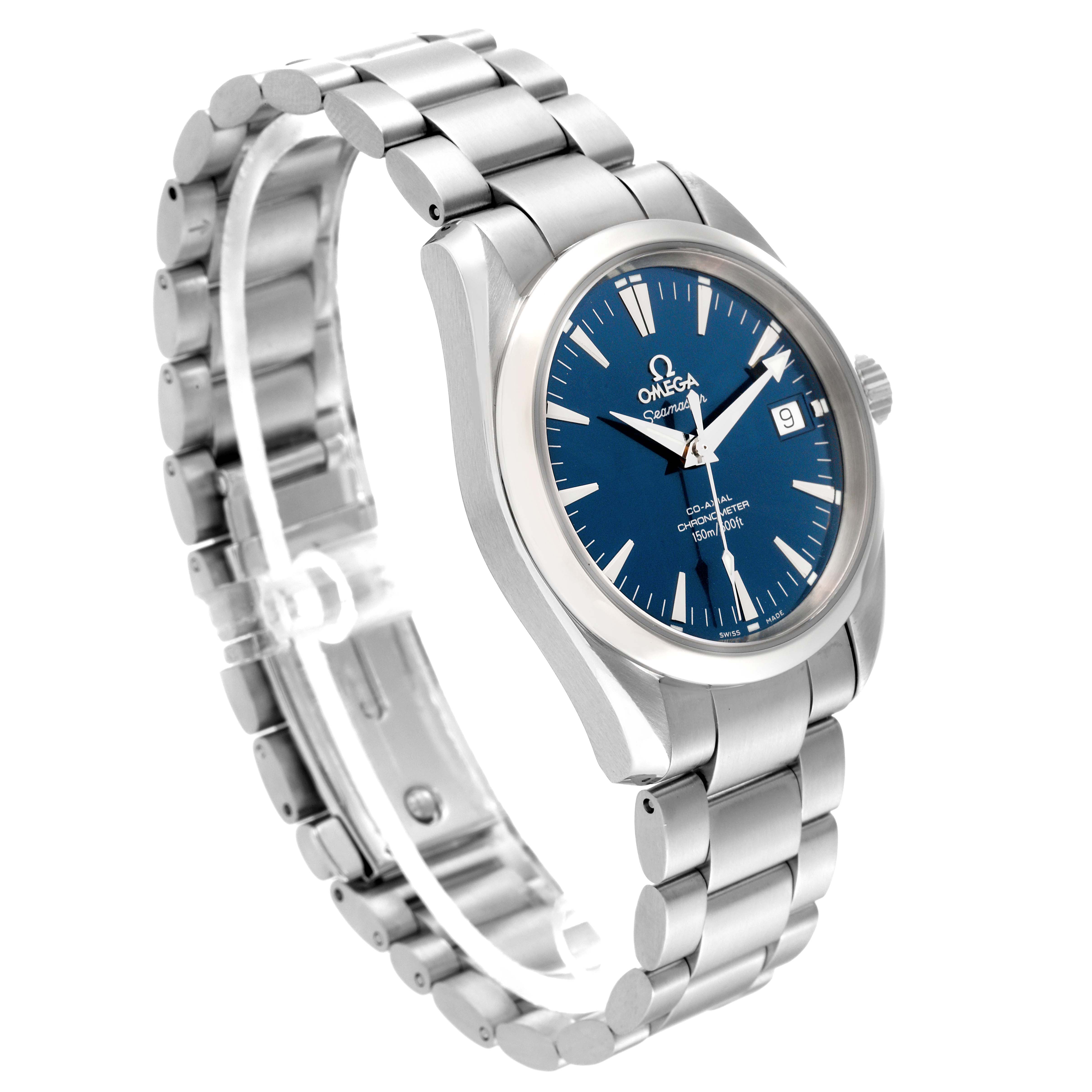The image shows an Omega Aqua Terra 2504.80.00 Men
s Stainless Steel Blue Dial 2504.80.00 Men
s Stainless Steel Blue Dial watch at a three-quarter angle highlighting its blue dial, metal bracelet, and case.