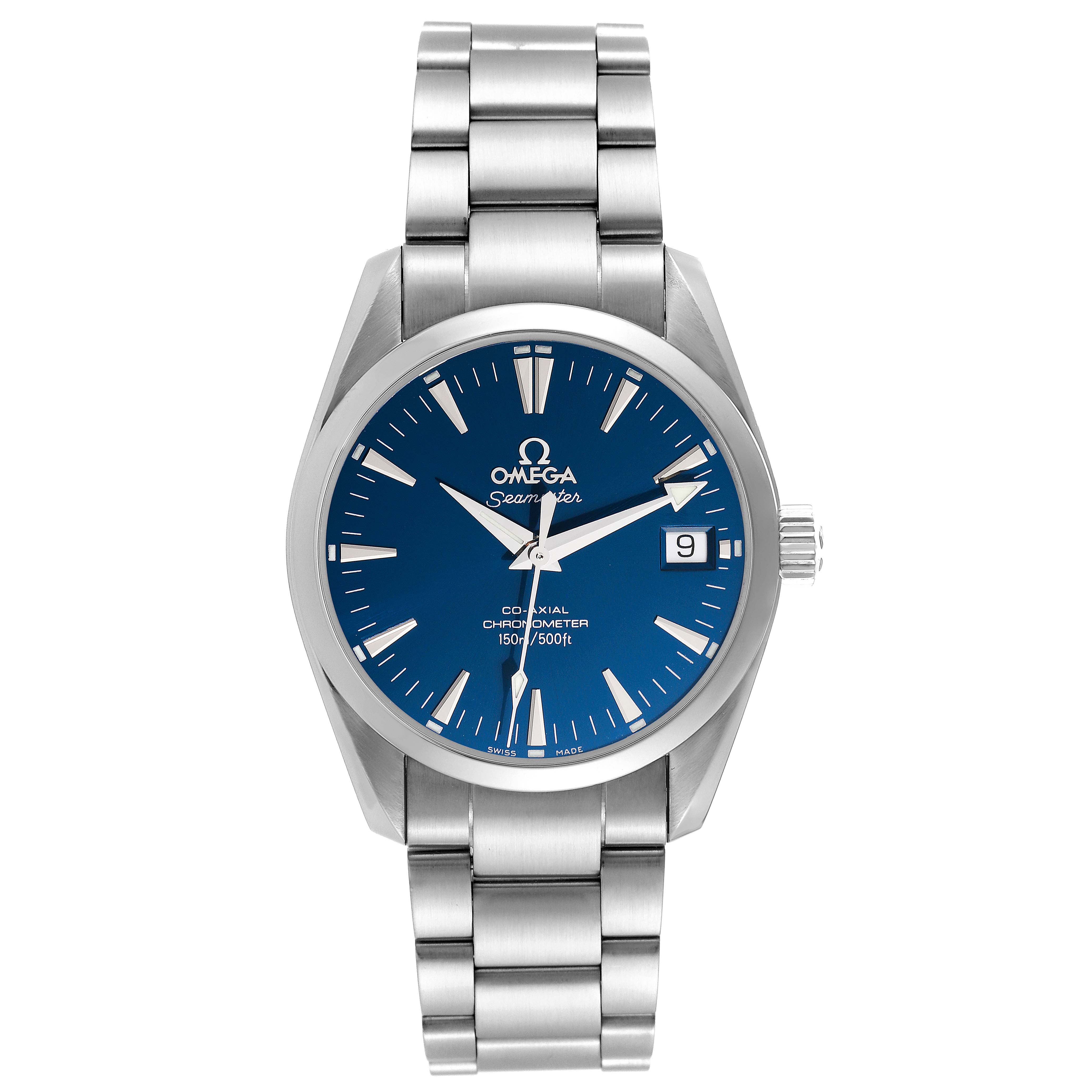 The image shows a front view of the Omega Aqua Terra 2504.80.00 Men
s Stainless Steel Blue Dial 2504.80.00 Men
s Stainless Steel Blue Dial watch, featuring its blue dial, hour markers, date window, and stainless steel bracelet.