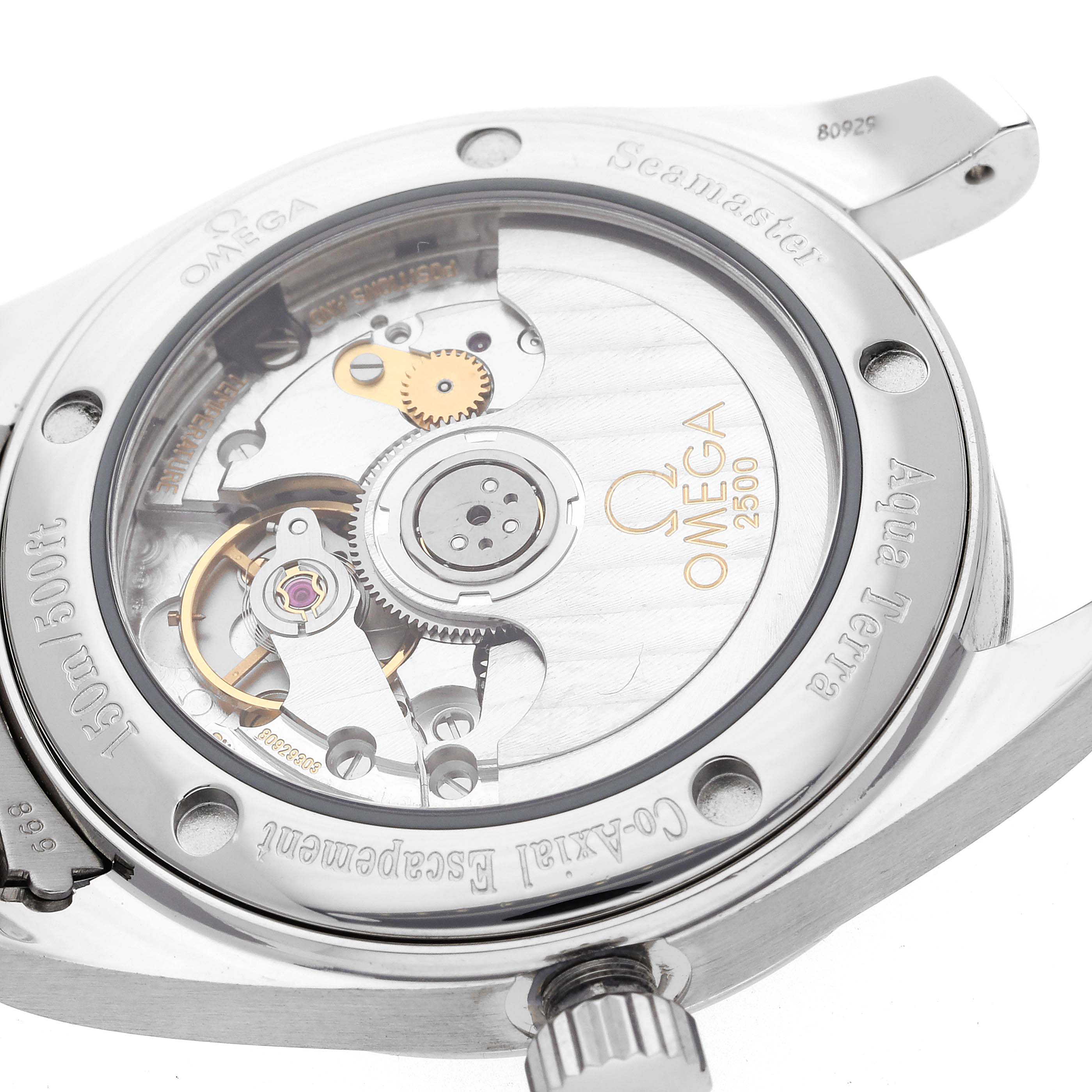 The image shows the back view of an Omega Seamaster Aqua Terra model, highlighting its movement and internal mechanisms.