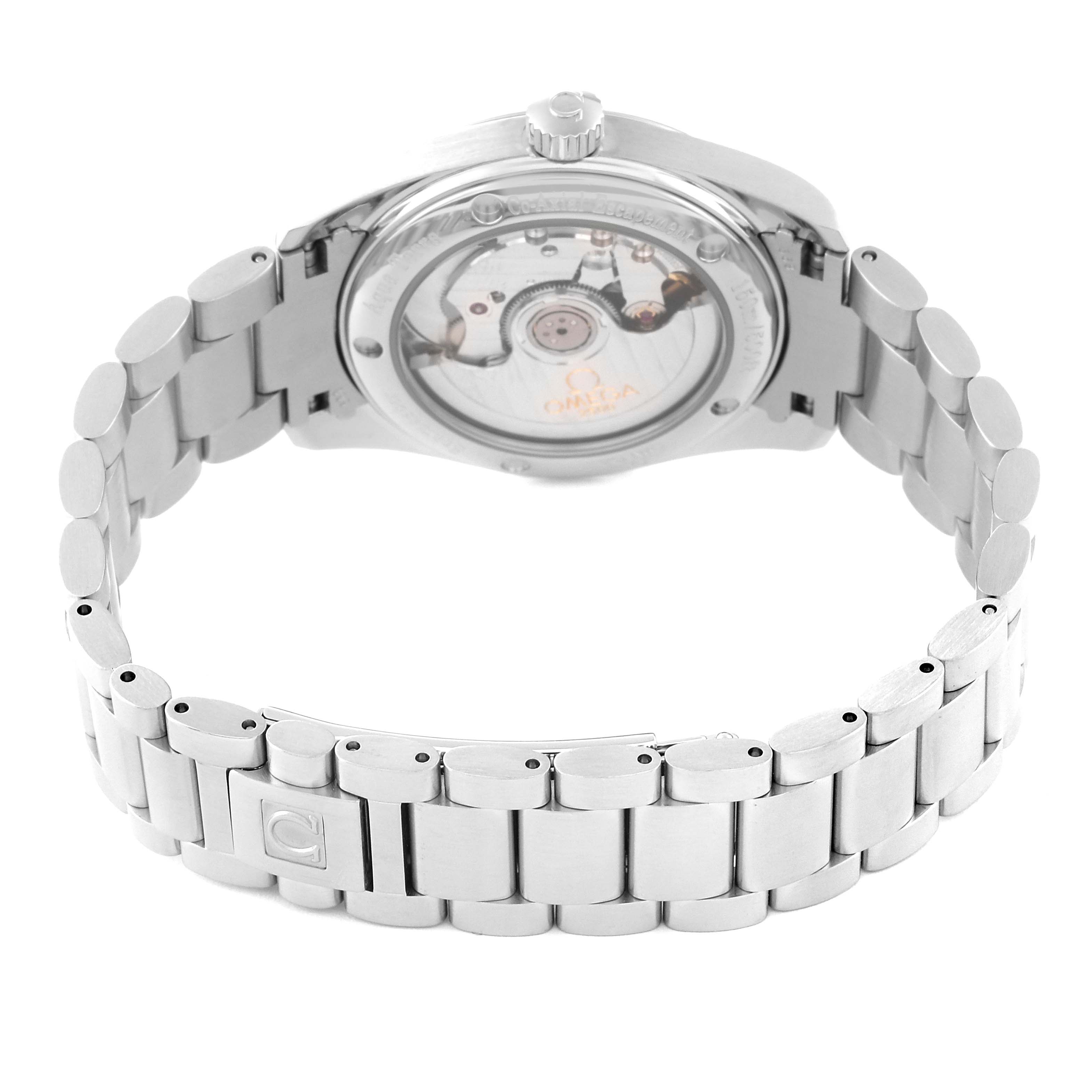 The image shows the back and bracelet of an Omega Aqua Terra 2504.80.00 Men
s Stainless Steel Blue Dial 2504.80.00 Men
s Stainless Steel Blue Dial watch, highlighting its automatic movement through a transparent case back.