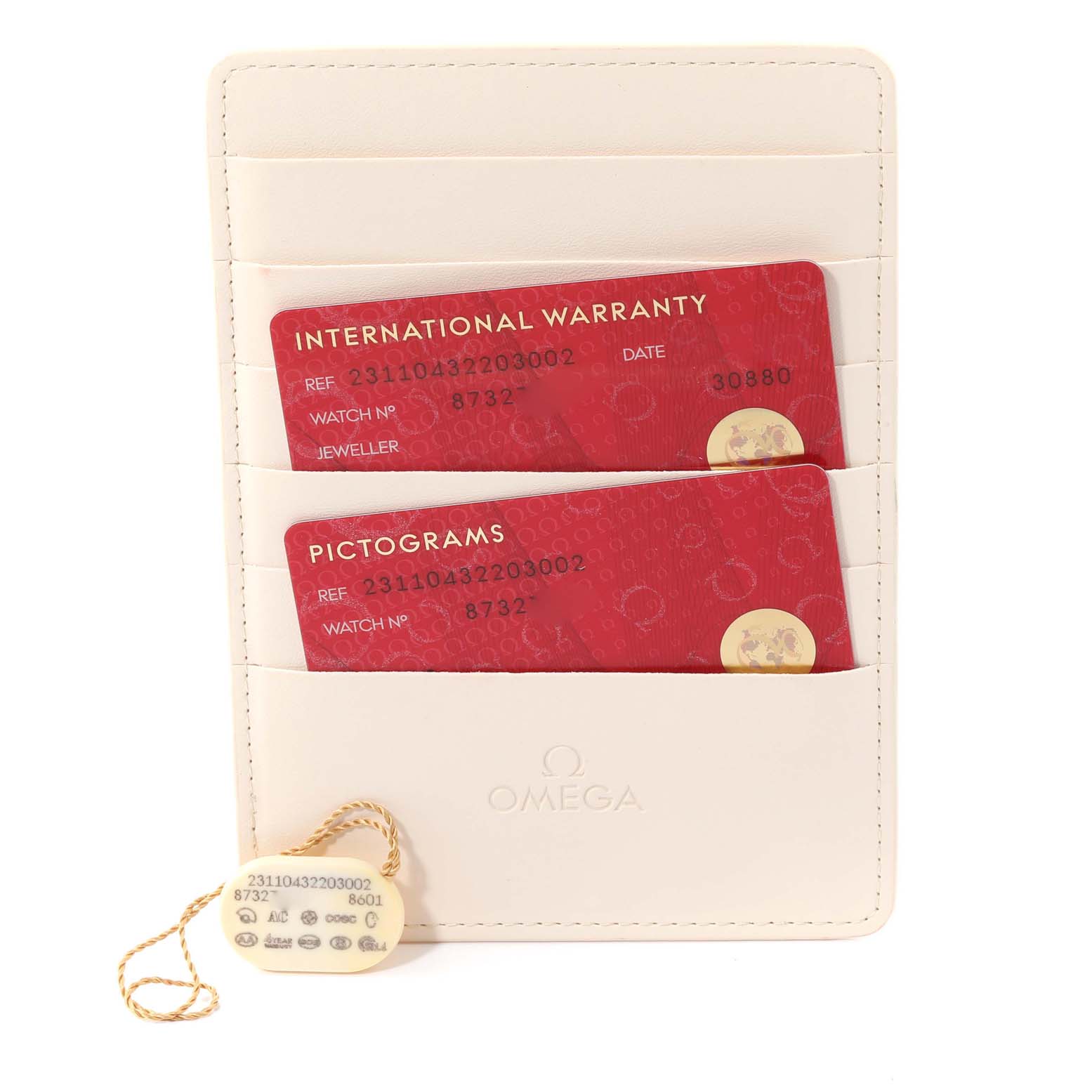 This image shows warranty and pictogram cards along with a tag for the Omega Aqua Terra 231.10.43.22.03.002 Men
s Stainless Steel Blue Dial 231.10.43.22.03.002 Men
s Stainless Steel Blue Dial model, displayed in a cardholder.