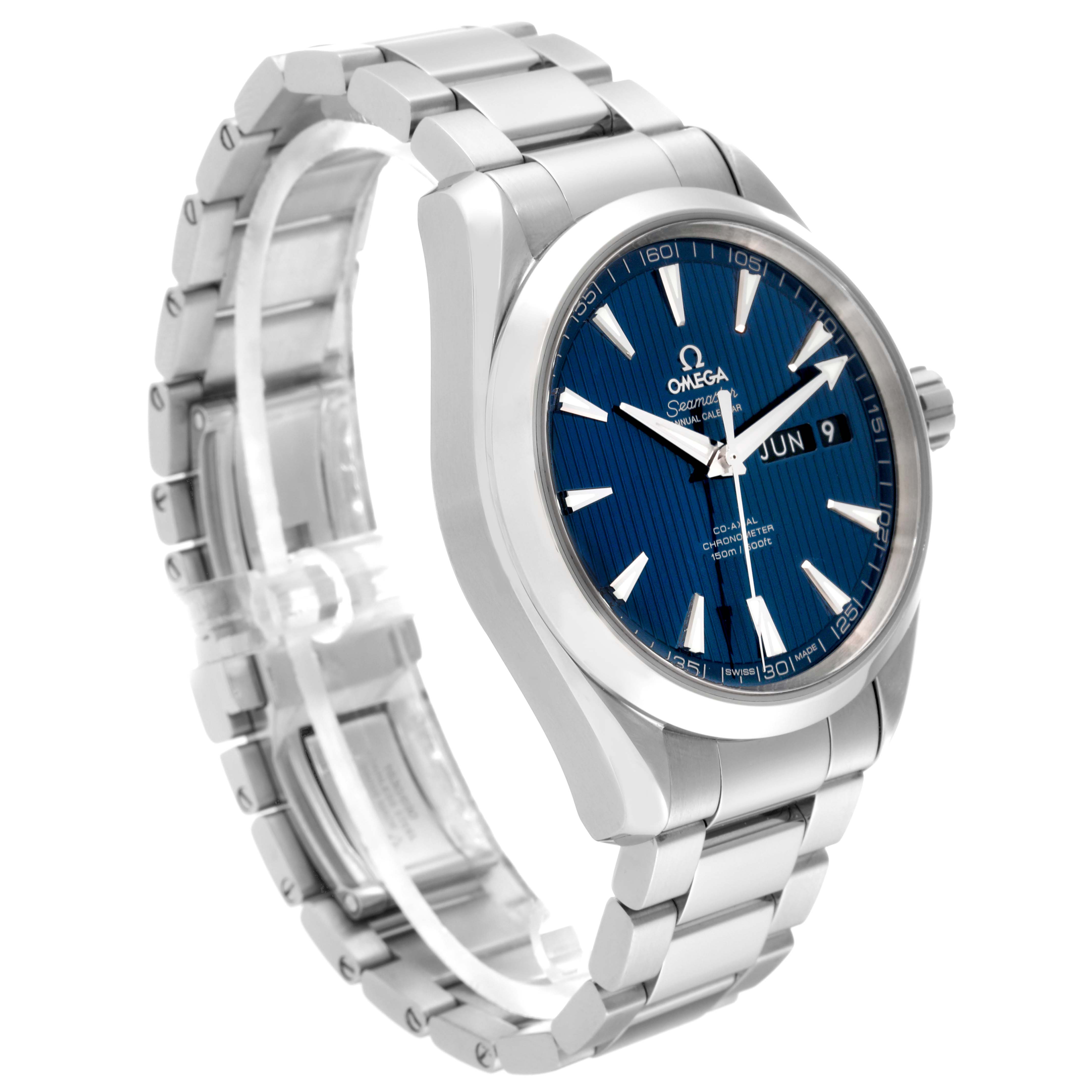 This image shows an angled view of the Aqua Terra model by Omega, highlighting its blue dial, stainless steel case, and bracelet.