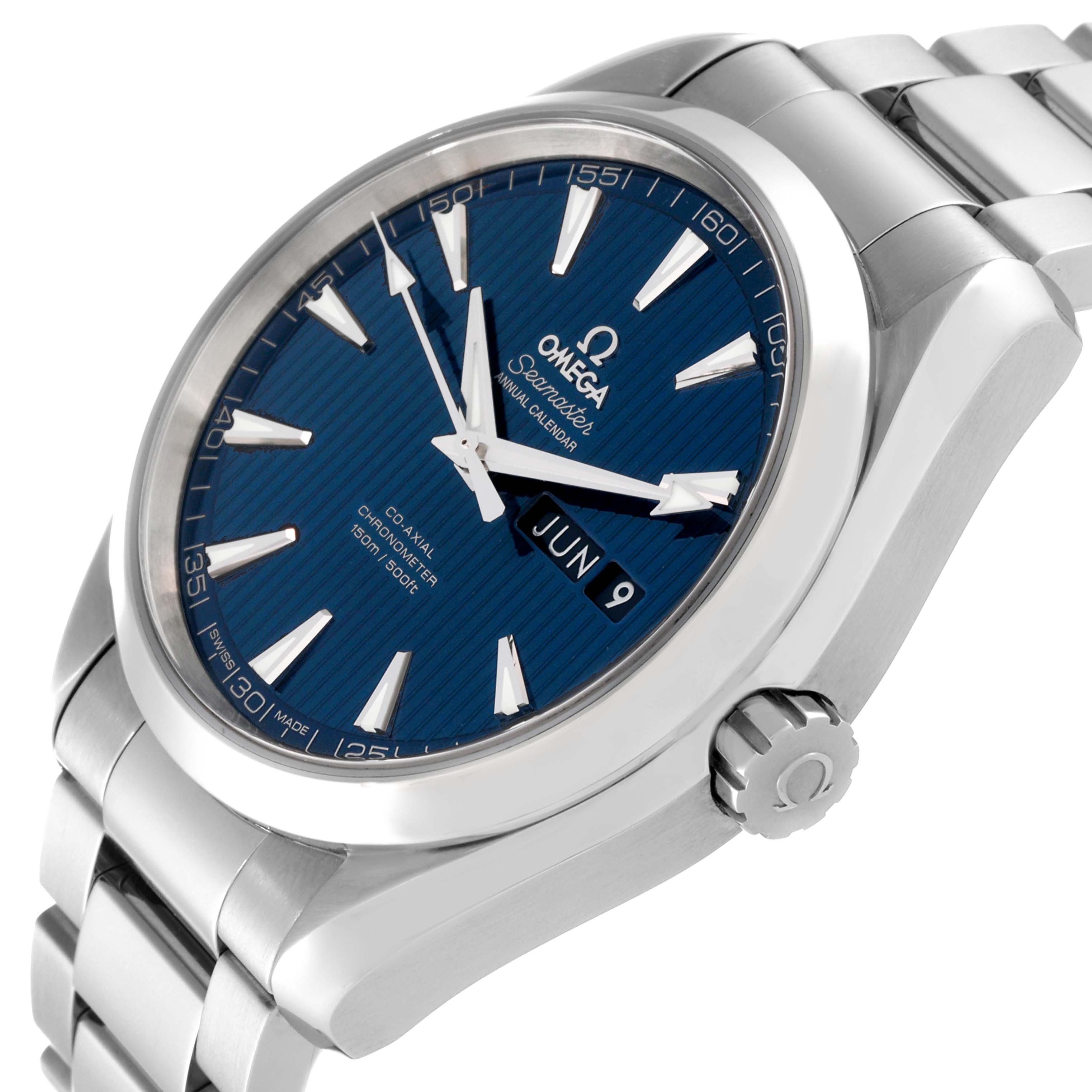 The image shows the Omega Aqua Terra 231.10.43.22.03.002 Men
s Stainless Steel Blue Dial 231.10.43.22.03.002 Men
s Stainless Steel Blue Dial watch from a slightly angled side view, highlighting the dial, bezel, and bracelet.