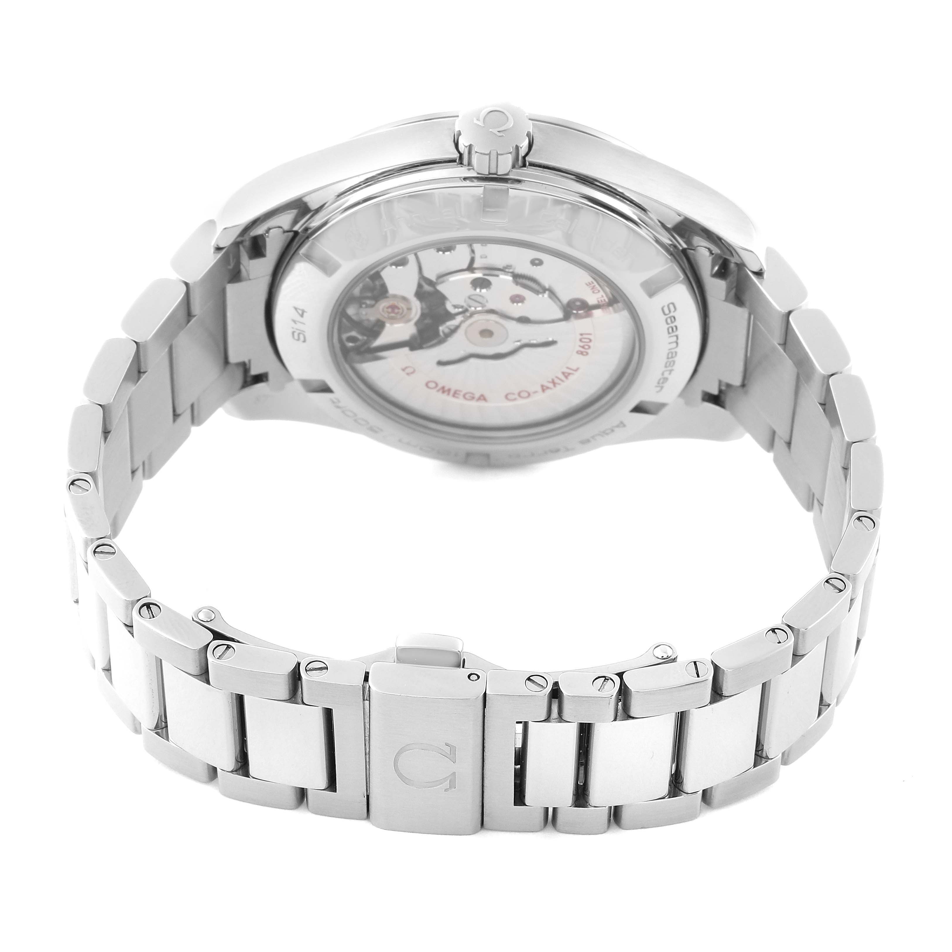 The image shows the rear angle of the Omega Aqua Terra 231.10.43.22.03.002 Men
s Stainless Steel Blue Dial 231.10.43.22.03.002 Men
s Stainless Steel Blue Dial watch, highlighting its back case, mechanical movement, and metal bracelet.