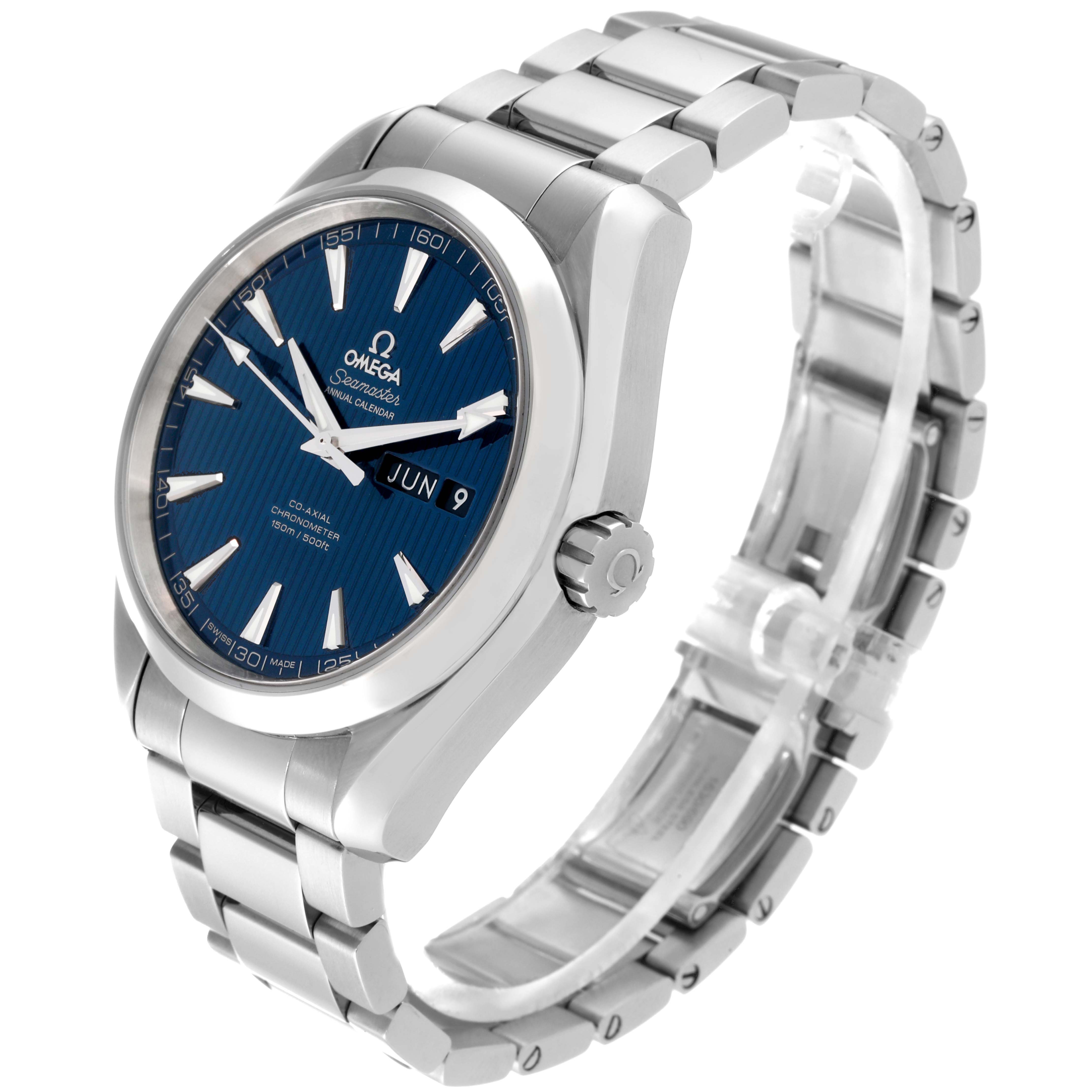 The Omega Aqua Terra 231.10.43.22.03.002 Men
s Stainless Steel Blue Dial 231.10.43.22.03.002 Men
s Stainless Steel Blue Dial watch is shown from a right-side angle, highlighting the blue dial, stainless steel bracelet, and crown.