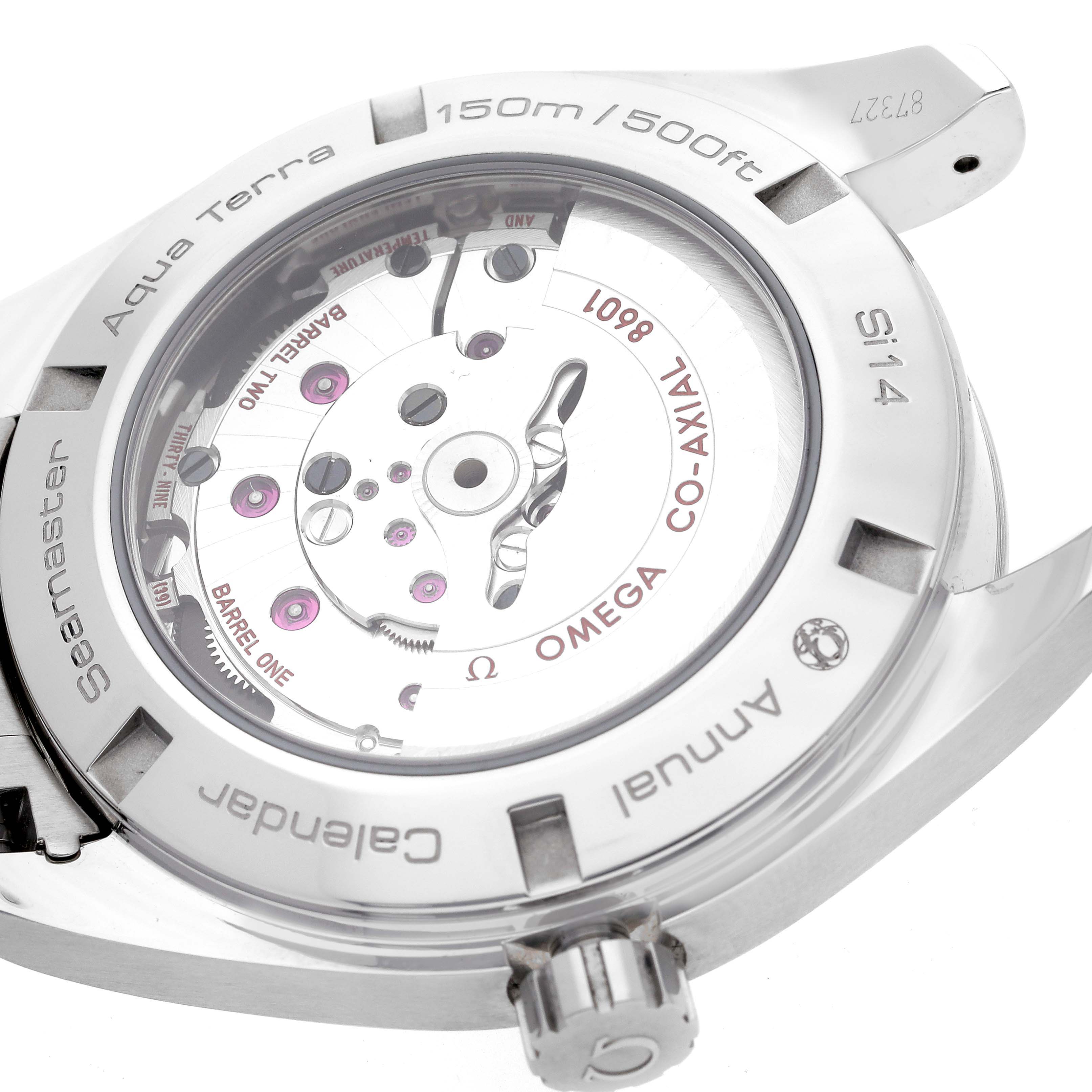 The image shows the back view of an Omega Aqua Terra 231.10.43.22.03.002 Men
s Stainless Steel Blue Dial 231.10.43.22.03.002 Men
s Stainless Steel Blue Dial watch, displaying its internal mechanical movement and engravings.