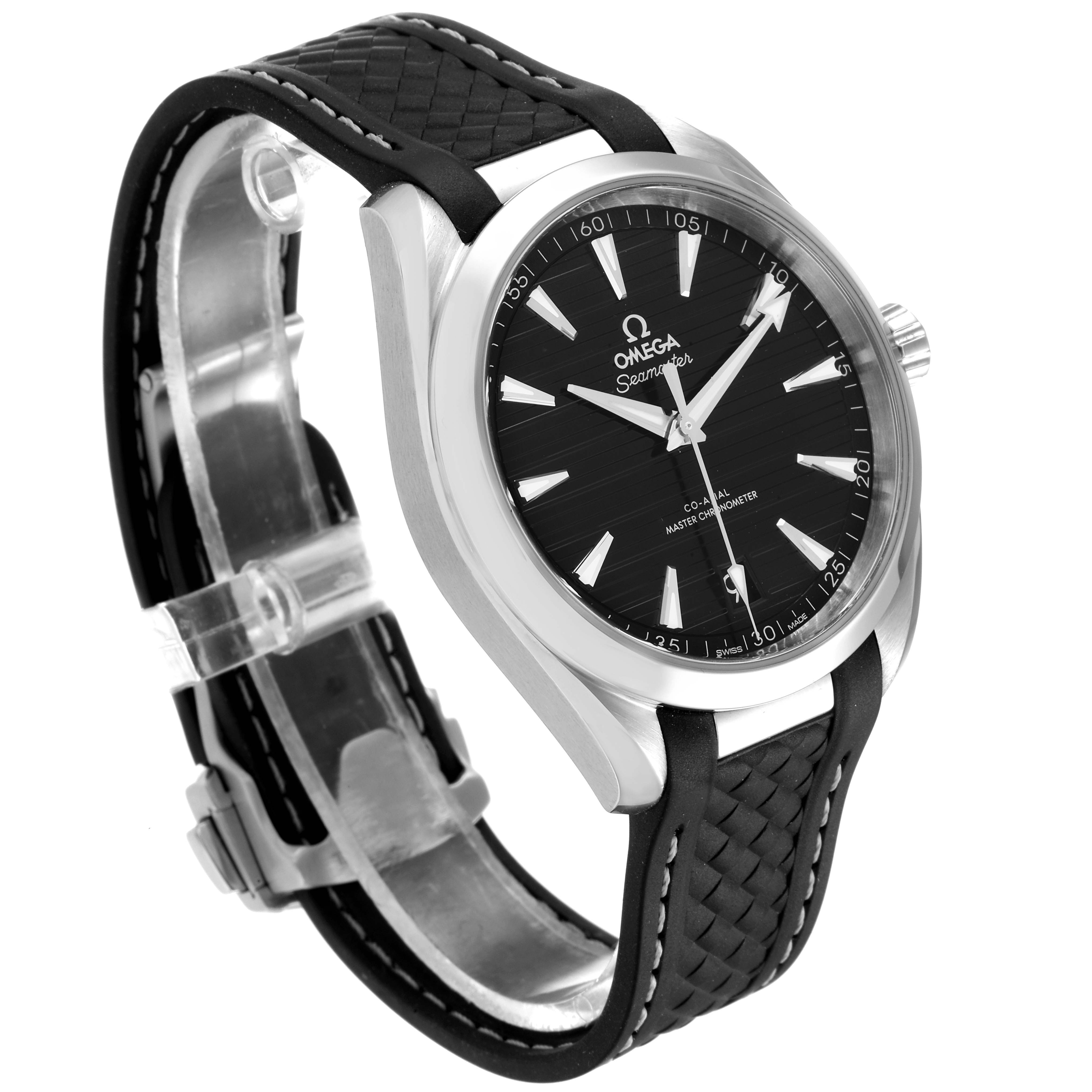 The image shows the Aqua Terra model by Omega at a three-quarter angle, highlighting its black dial and strap.