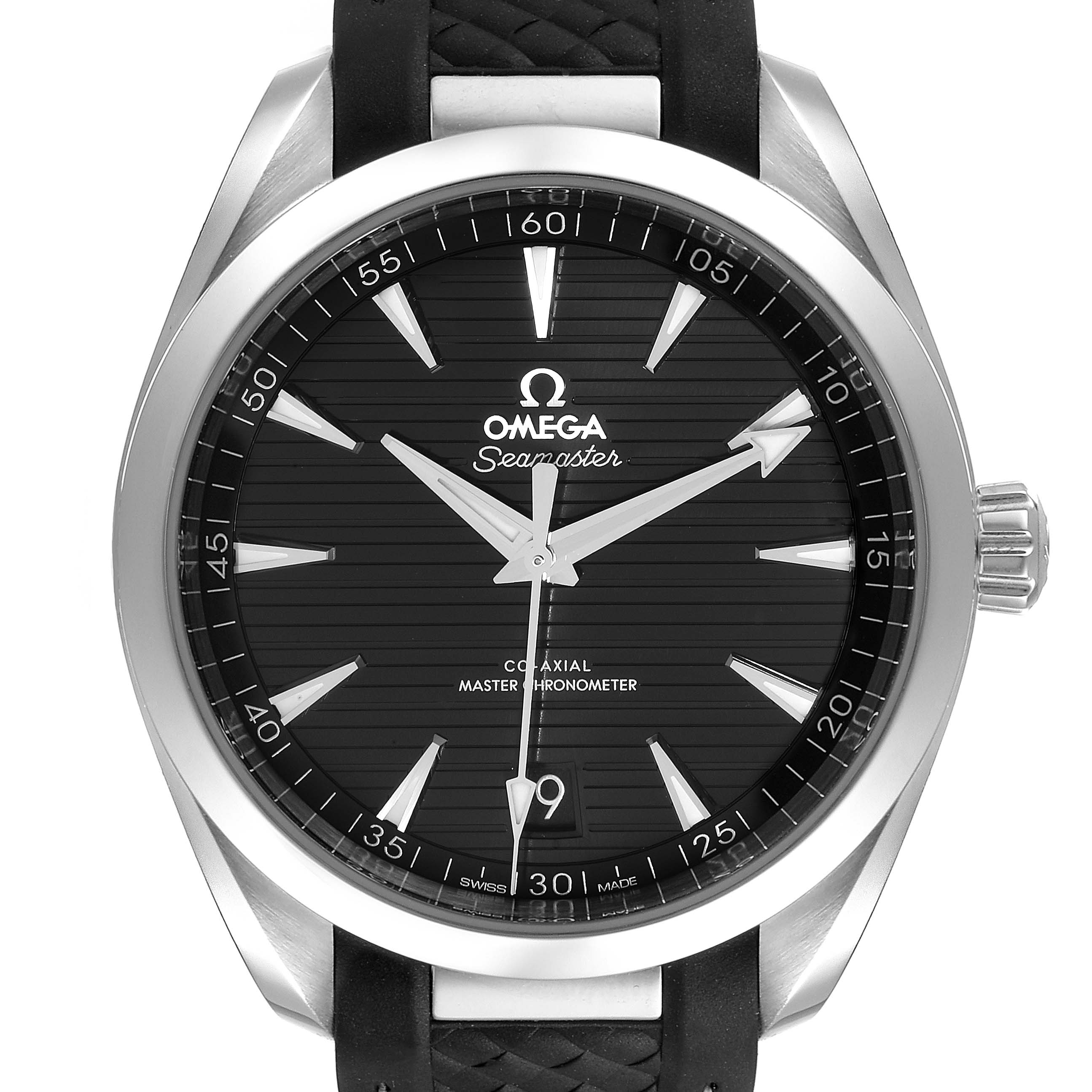 The image shows a front angle of the Omega Aqua Terra 220.12.41.21.01.001 Men's Stainless Steel Black Dial 220.12.41.21.01.001 Men's Stainless Steel Black Dial Seamaster watch, featuring the dial, hands, and part of the strap.