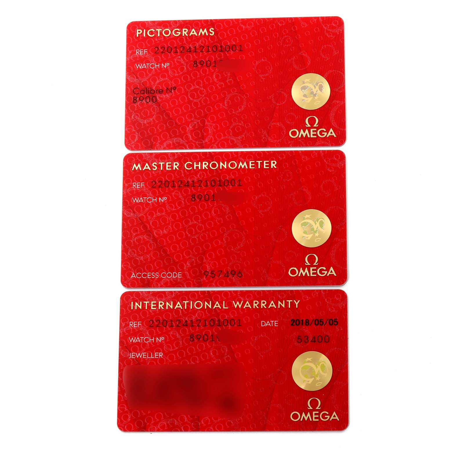 This image shows three red cards for the Omega Aqua Terra 220.12.41.21.01.001 Men's Stainless Steel Black Dial 220.12.41.21.01.001 Men's Stainless Steel Black Dial model: Pictograms, Master Chronometer, and International Warranty.