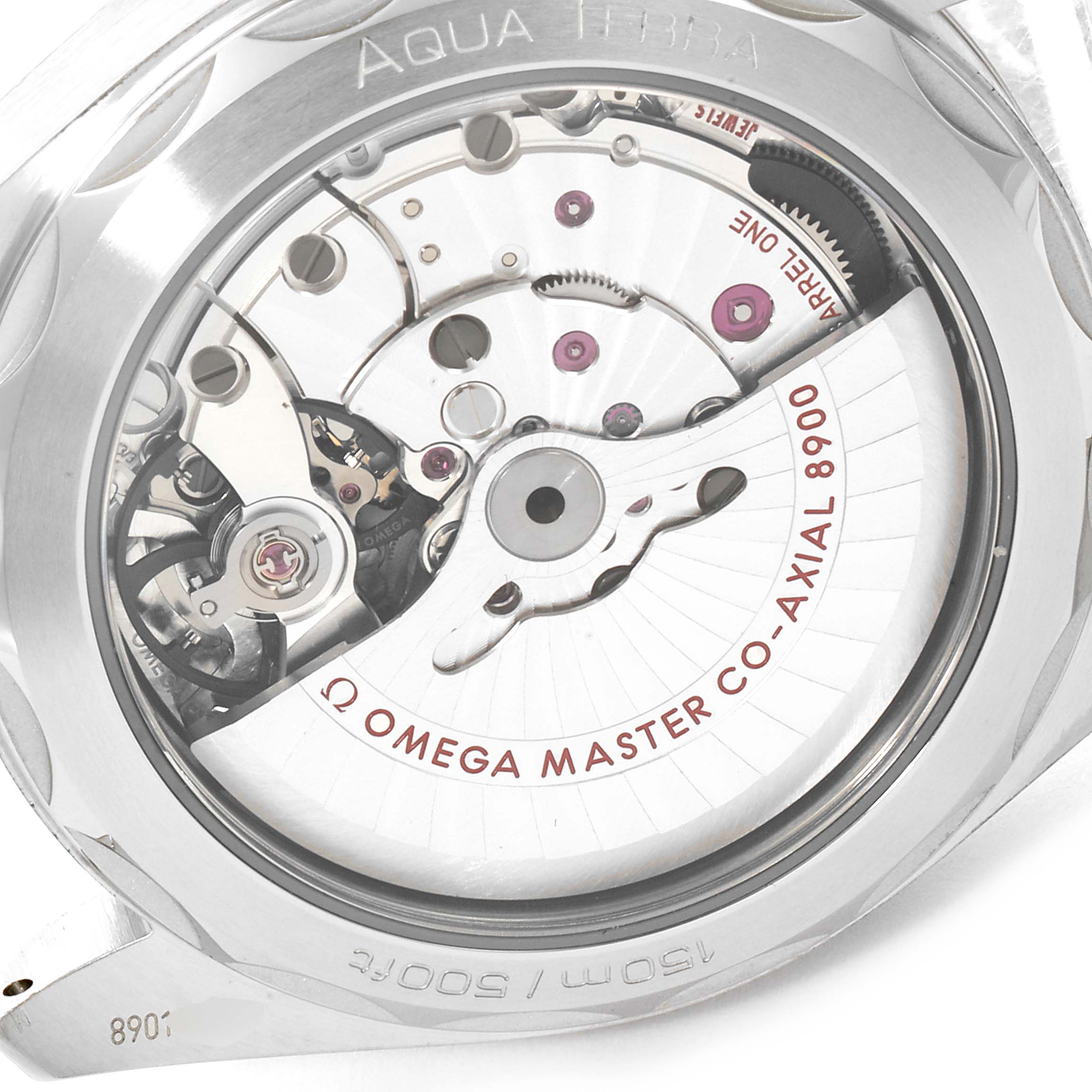 This image shows the back view of the Omega Aqua Terra 220.12.41.21.01.001 Men's Stainless Steel Black Dial 220.12.41.21.01.001 Men's Stainless Steel Black Dial watch, highlighting its 8900 co-axial movement.