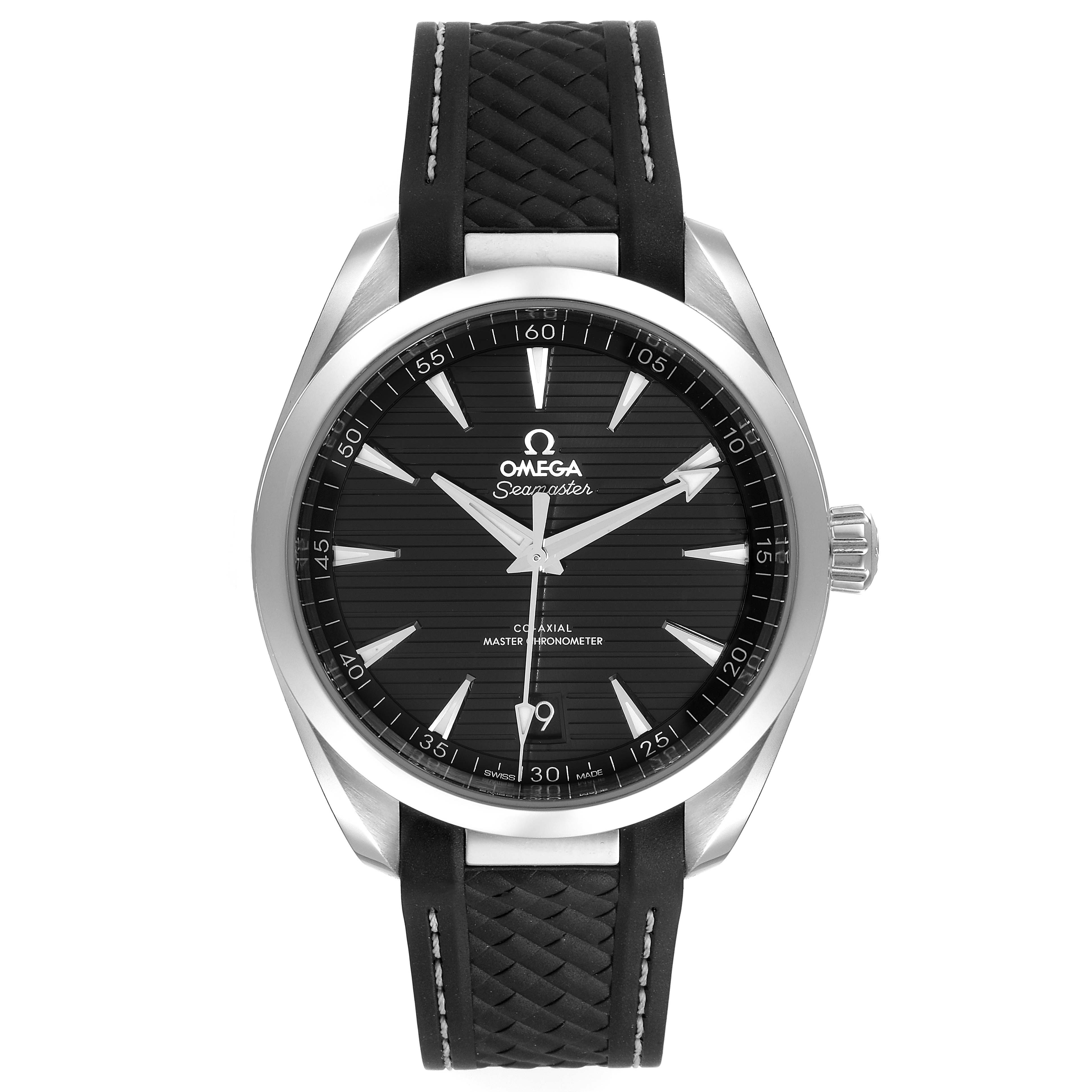 The image shows a front view of the Omega Aqua Terra 220.12.41.21.01.001 Men's Stainless Steel Black Dial 220.12.41.21.01.001 Men's Stainless Steel Black Dial watch, highlighting its black dial and leather strap.