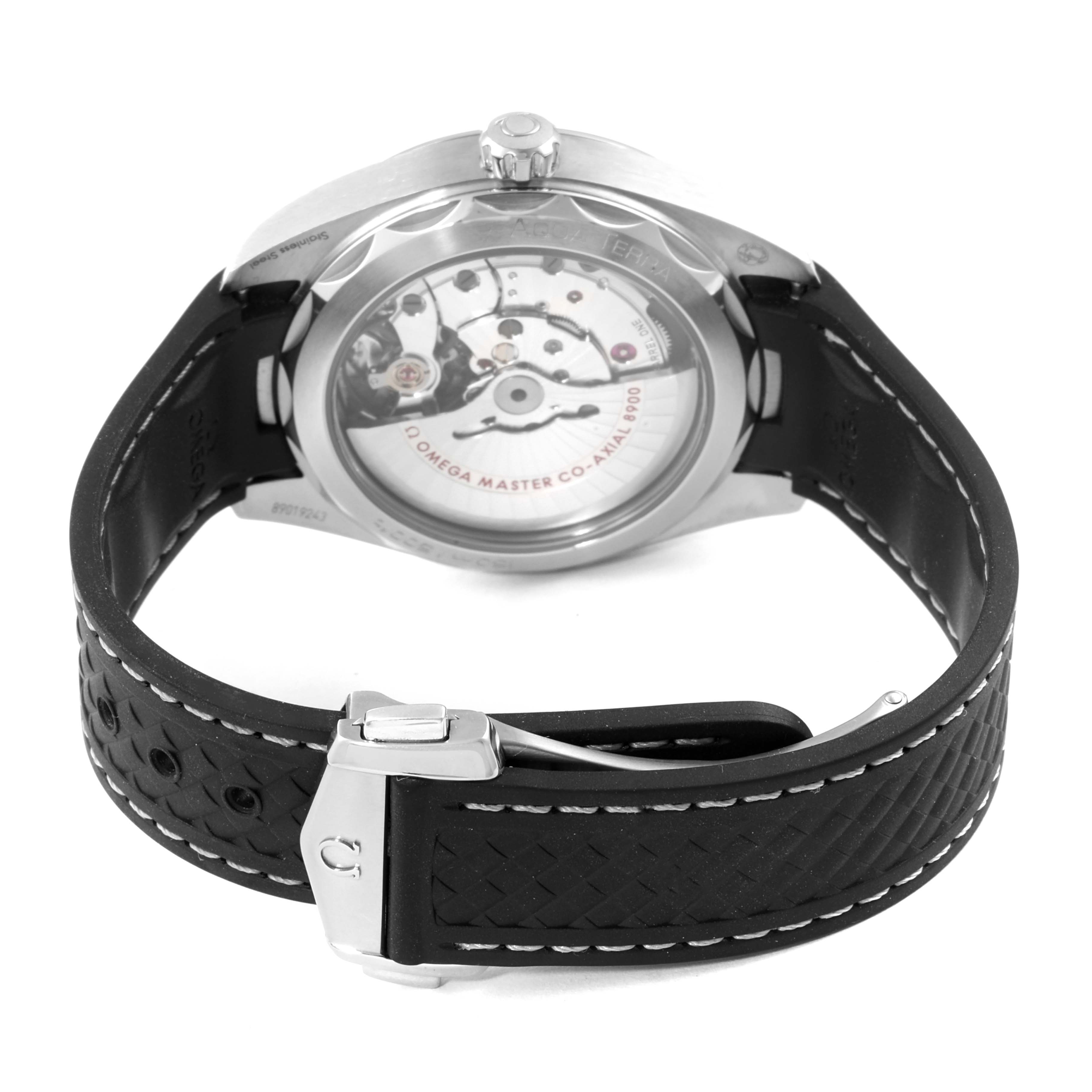 The image shows the back view of an Omega Aqua Terra 220.12.41.21.01.001 Men's Stainless Steel Black Dial 220.12.41.21.01.001 Men's Stainless Steel Black Dial watch, highlighting its movement and black strap with a silver clasp.