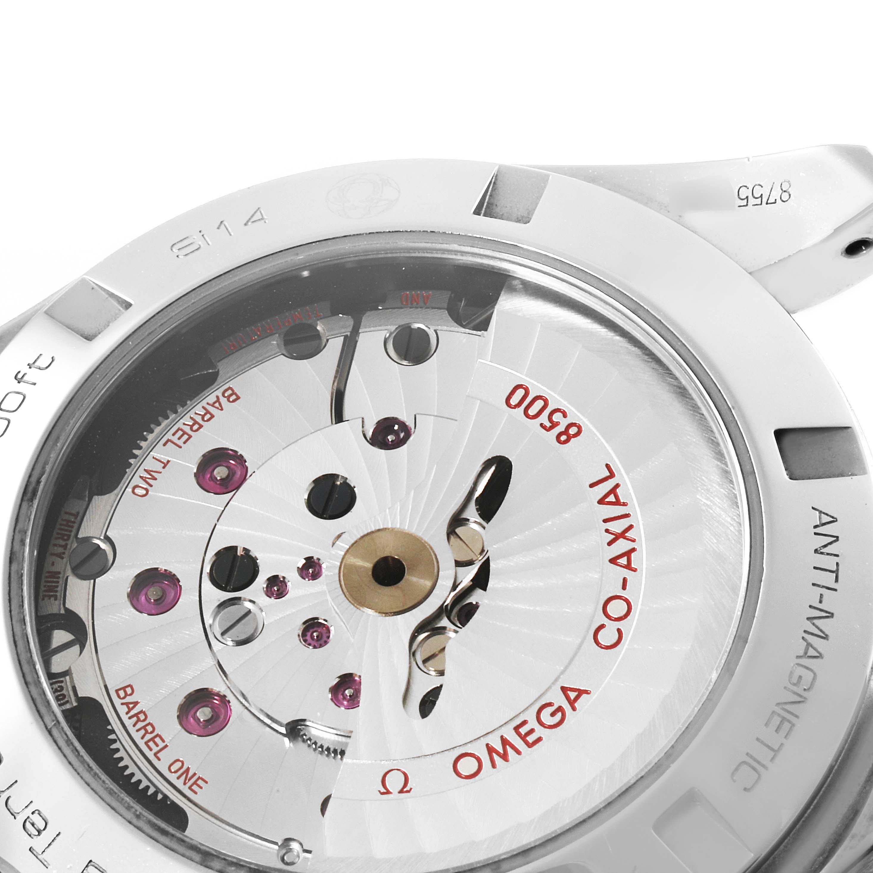 This image shows the back view of the Omega Aqua Terra 231.13.42.21.03.001 Men
s Stainless Steel Blue Dial 231.13.42.21.03.001 Men
s Stainless Steel Blue Dial watch, highlighting the Co-Axial 8500 movement and internal components.