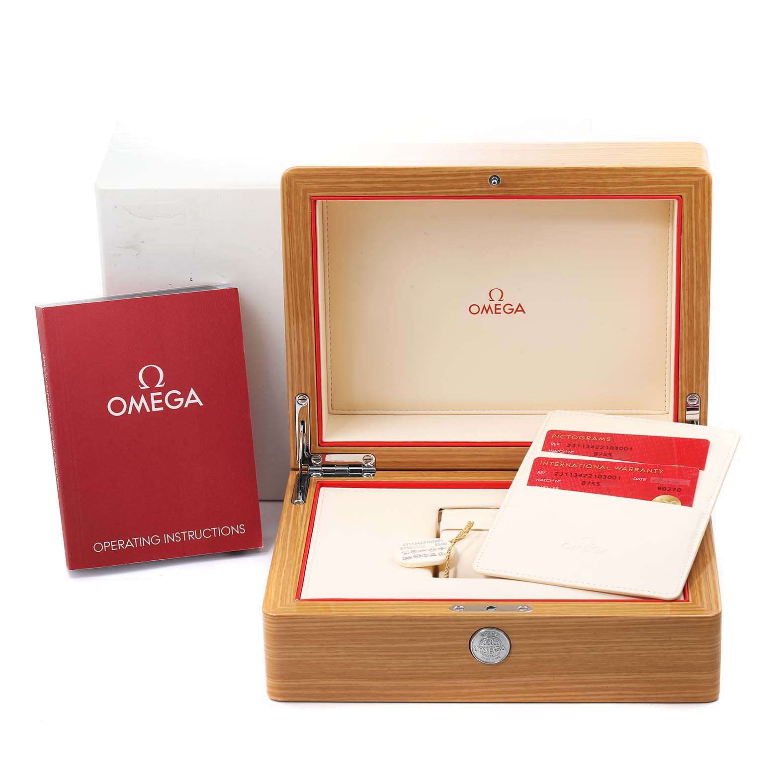 The image shows the Omega Aqua Terra 231.13.42.21.03.001 Men
s Stainless Steel Blue Dial 231.13.42.21.03.001 Men
s Stainless Steel Blue Dial watch box, operating instructions, and warranty cards from a front angle.