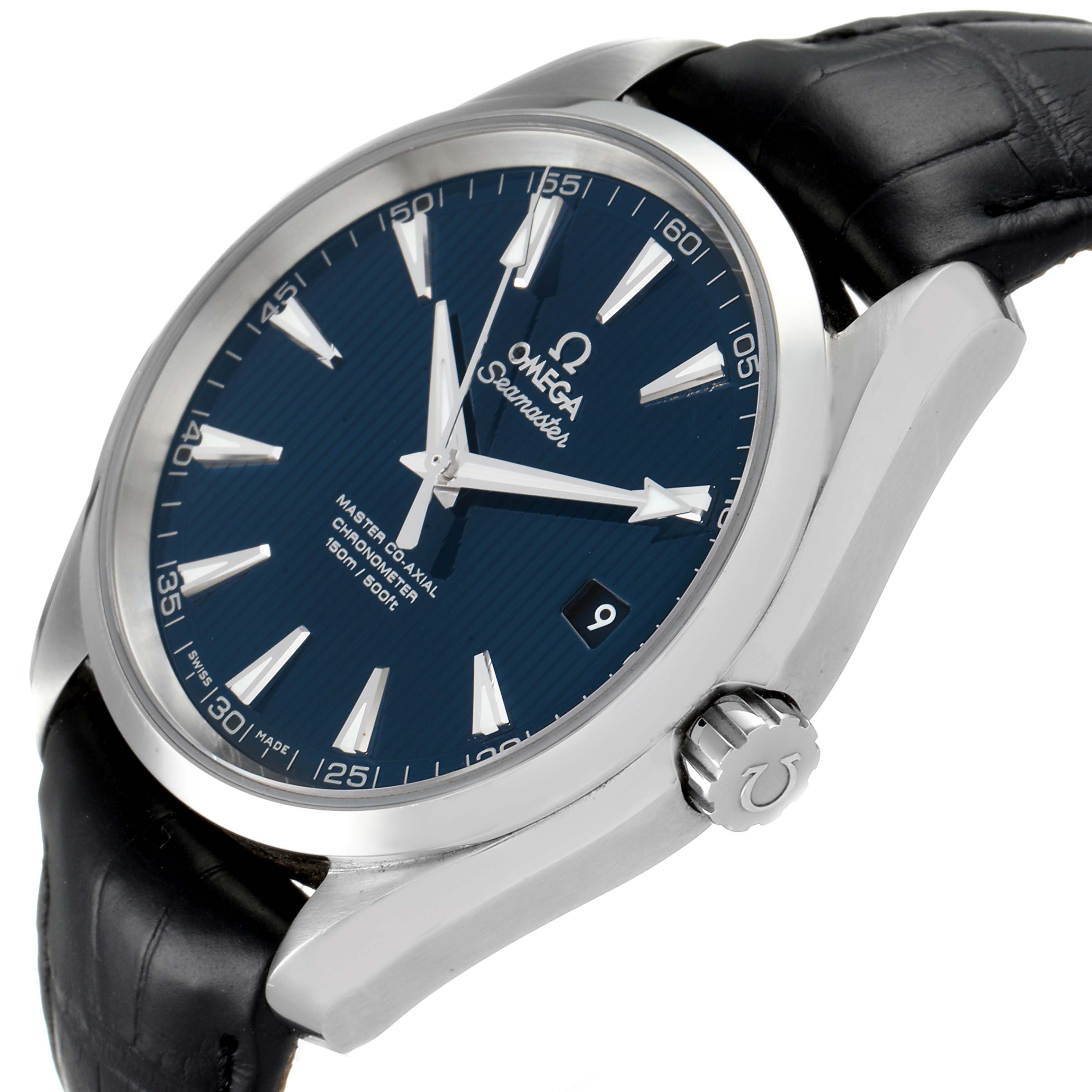 The Omega Aqua Terra 231.13.42.21.03.001 Men
s Stainless Steel Blue Dial 231.13.42.21.03.001 Men
s Stainless Steel Blue Dial watch is shown from a three-quarter angle, highlighting its face, bezel, crown, and part of the leather strap.