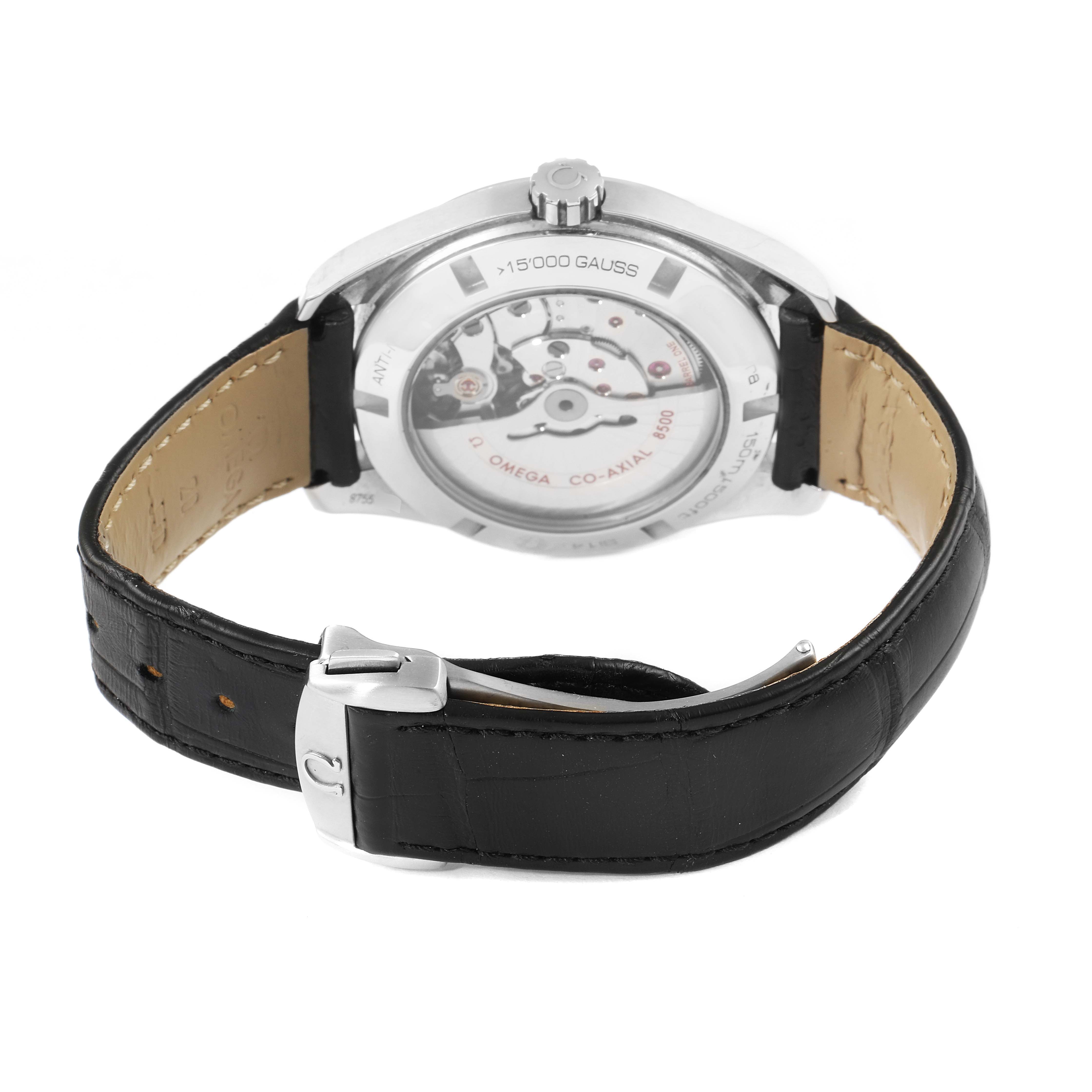 This image shows the back view of the Omega Aqua Terra 231.13.42.21.03.001 Men
s Stainless Steel Blue Dial 231.13.42.21.03.001 Men
s Stainless Steel Blue Dial watch, displaying its movement and black leather strap.