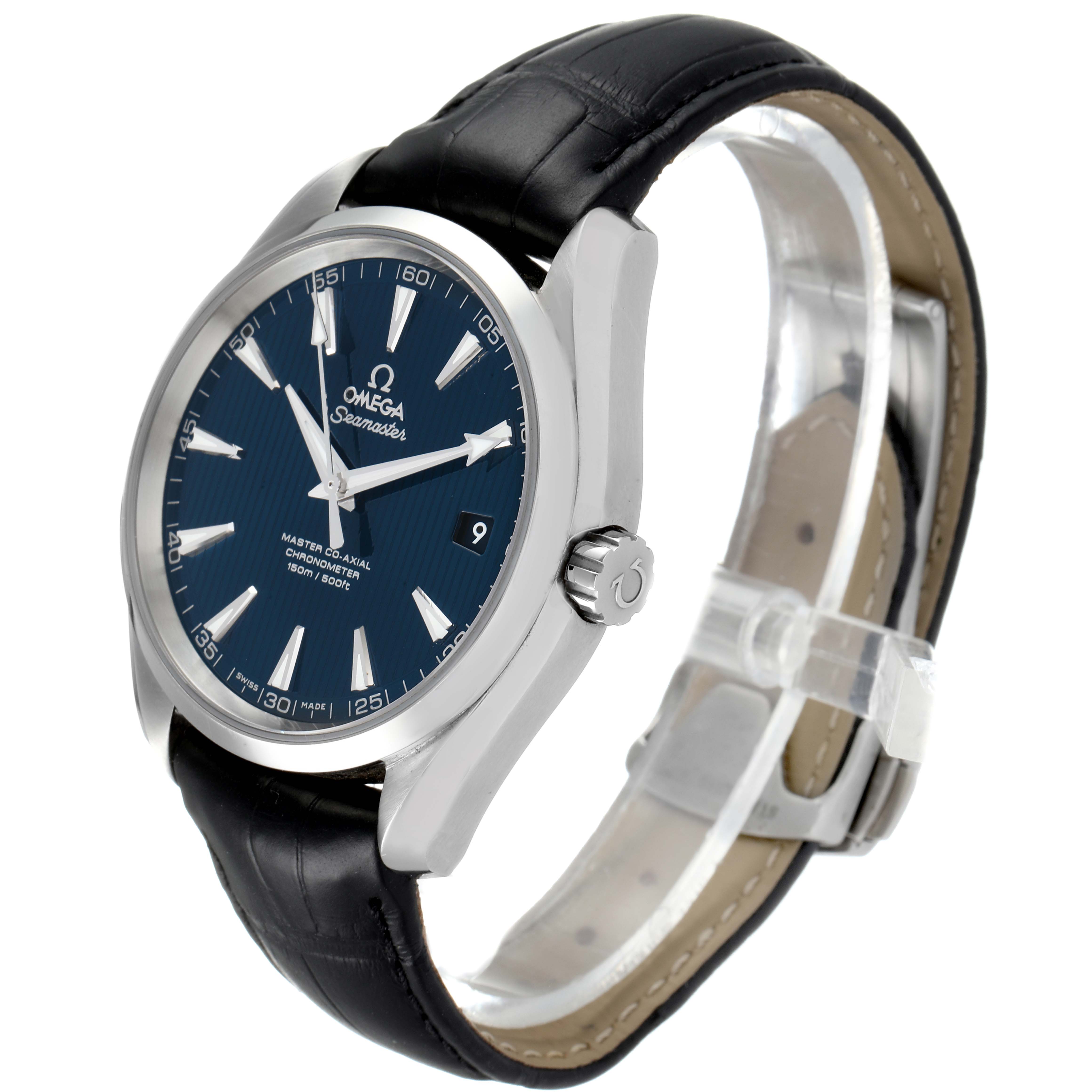 The Omega Aqua Terra 231.13.42.21.03.001 Men
s Stainless Steel Blue Dial 231.13.42.21.03.001 Men
s Stainless Steel Blue Dial watch is shown at an angled front view, highlighting the face, crown, case, and leather strap.