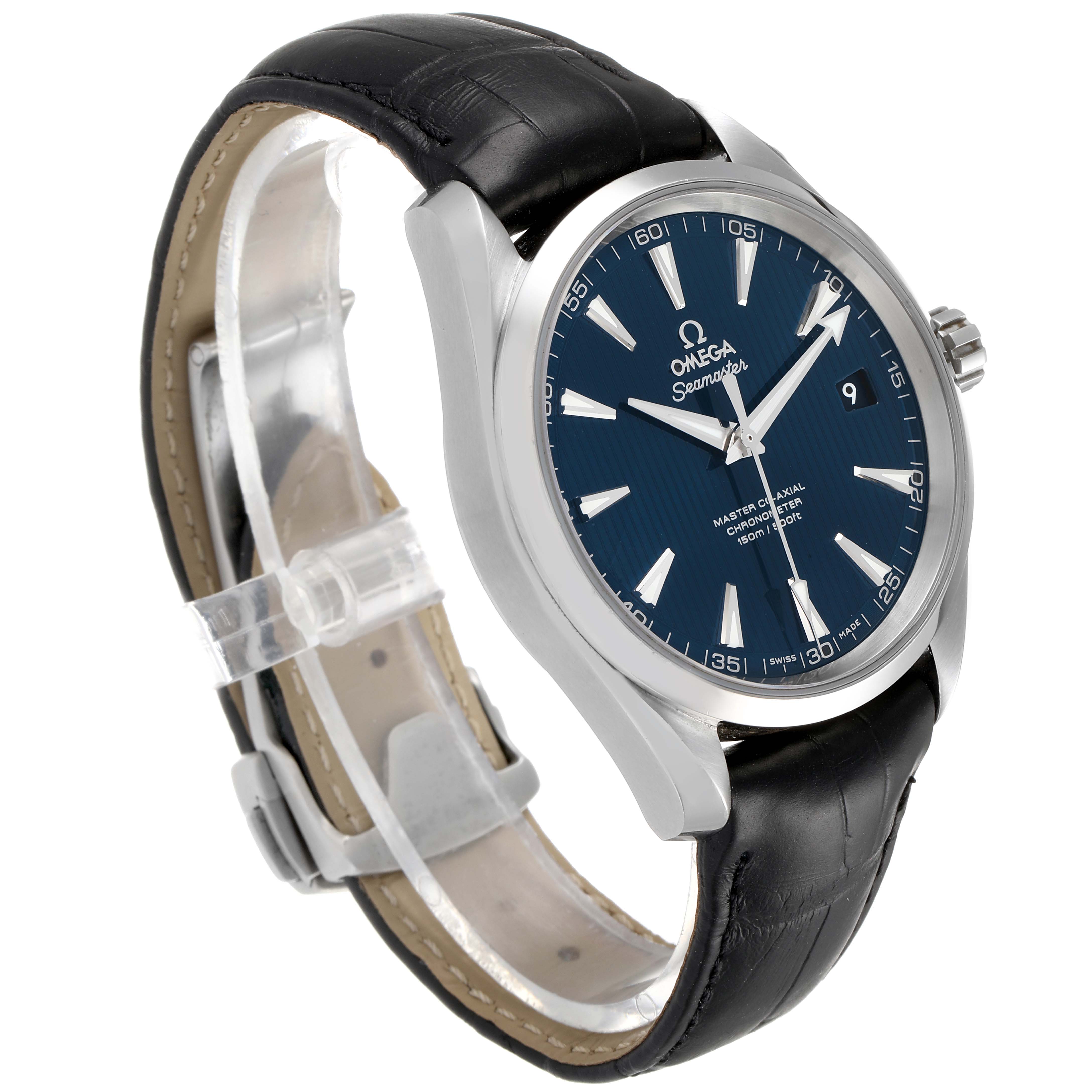 The image shows an angled view of an Omega Aqua Terra 231.13.42.21.03.001 Men
s Stainless Steel Blue Dial 231.13.42.21.03.001 Men
s Stainless Steel Blue Dial watch, highlighting the face, bezel, crown, and leather strap.