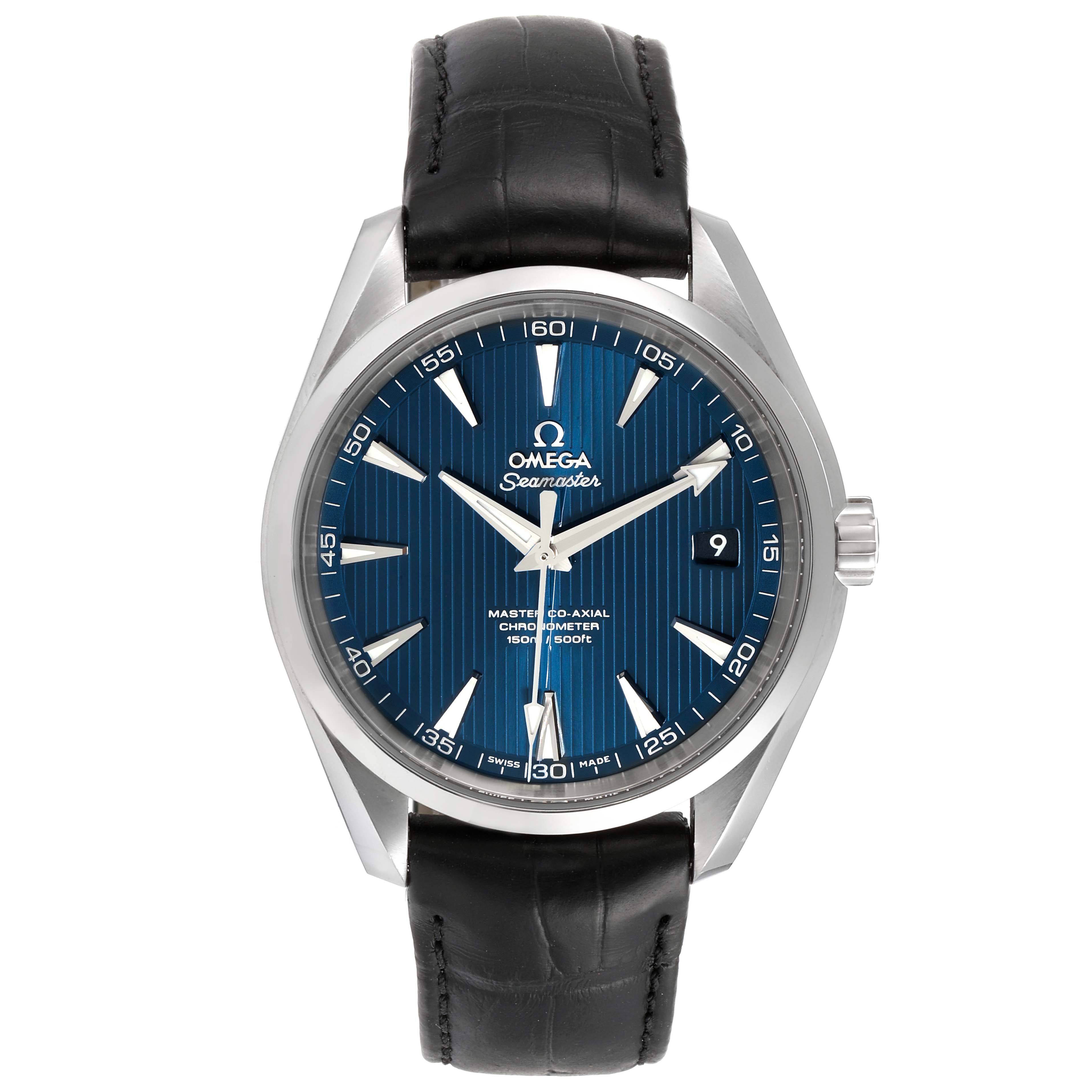 This is a front view of the Omega Aqua Terra 231.13.42.21.03.001 Men
s Stainless Steel Blue Dial 231.13.42.21.03.001 Men
s Stainless Steel Blue Dial watch, showcasing the face, bezel, and leather strap.