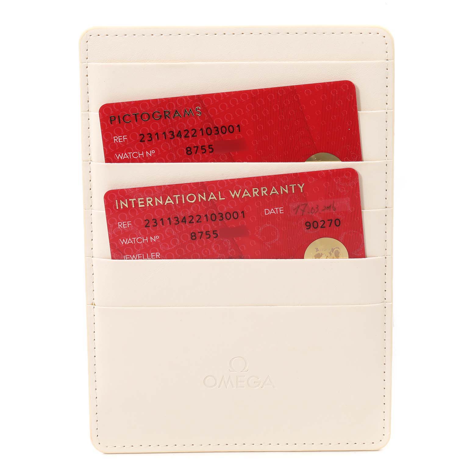 This image shows an Omega Aqua Terra 231.13.42.21.03.001 Men
s Stainless Steel Blue Dial 231.13.42.21.03.001 Men
s Stainless Steel Blue Dial model
s cardholder containing pictogram and international warranty cards.