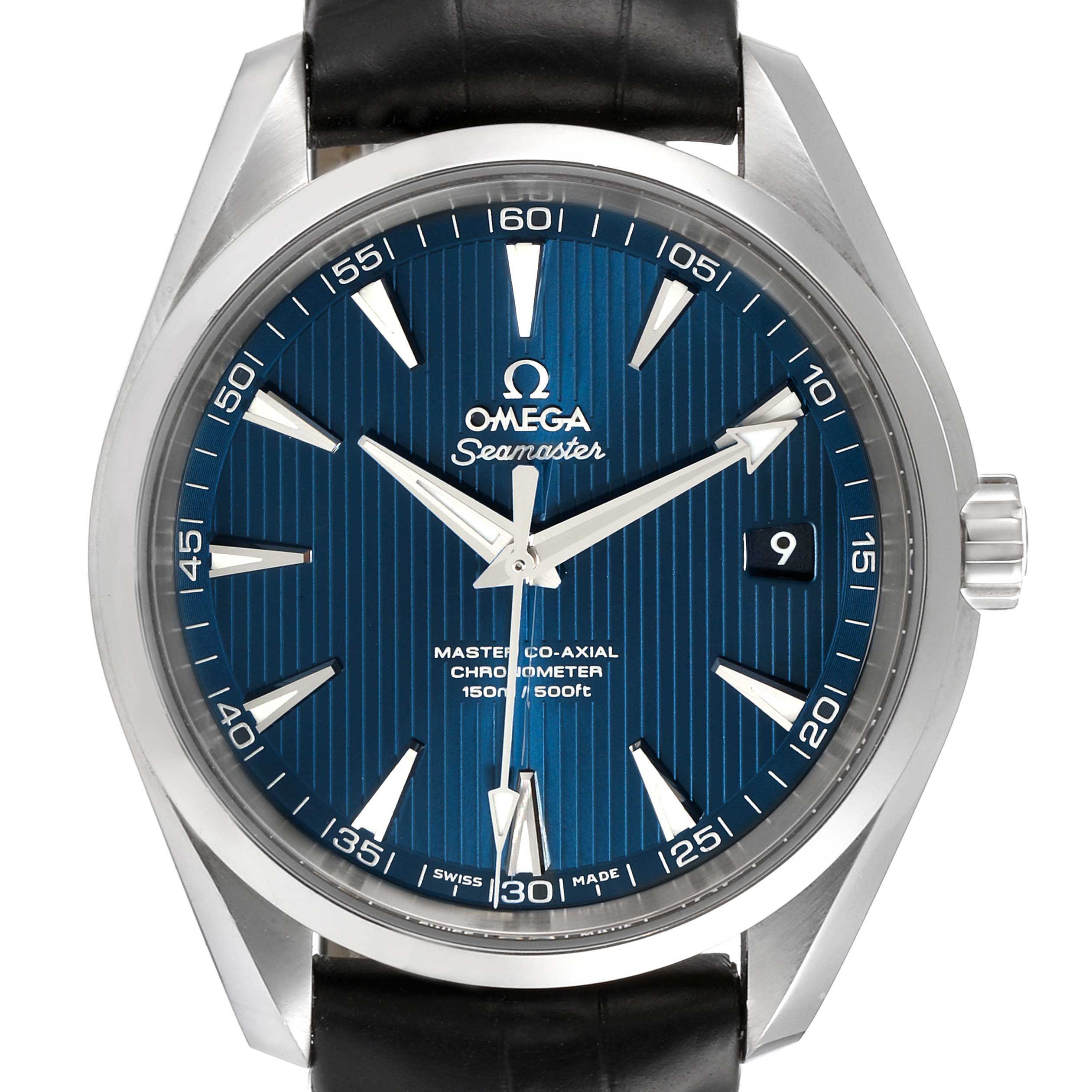 The image shows a close-up, front angle of the Omega Aqua Terra 231.13.42.21.03.001 Men
s Stainless Steel Blue Dial 231.13.42.21.03.001 Men
s Stainless Steel Blue Dial model watch, displaying its face, hands, and crown.