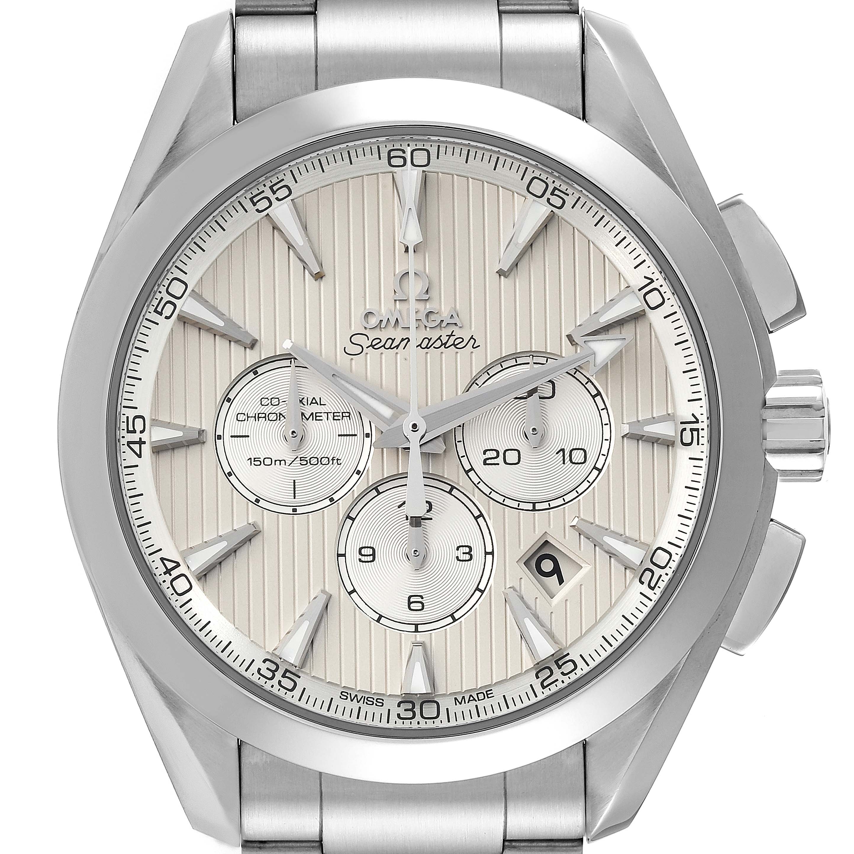 This image shows a front view of the Omega Aqua Terra 231.10.44.50.09.001 Men's Stainless Steel White Dial 231.10.44.50.09.001 Men's Stainless Steel White Dial watch, highlighting its dial, hands, subdials, bezel, and bracelet.