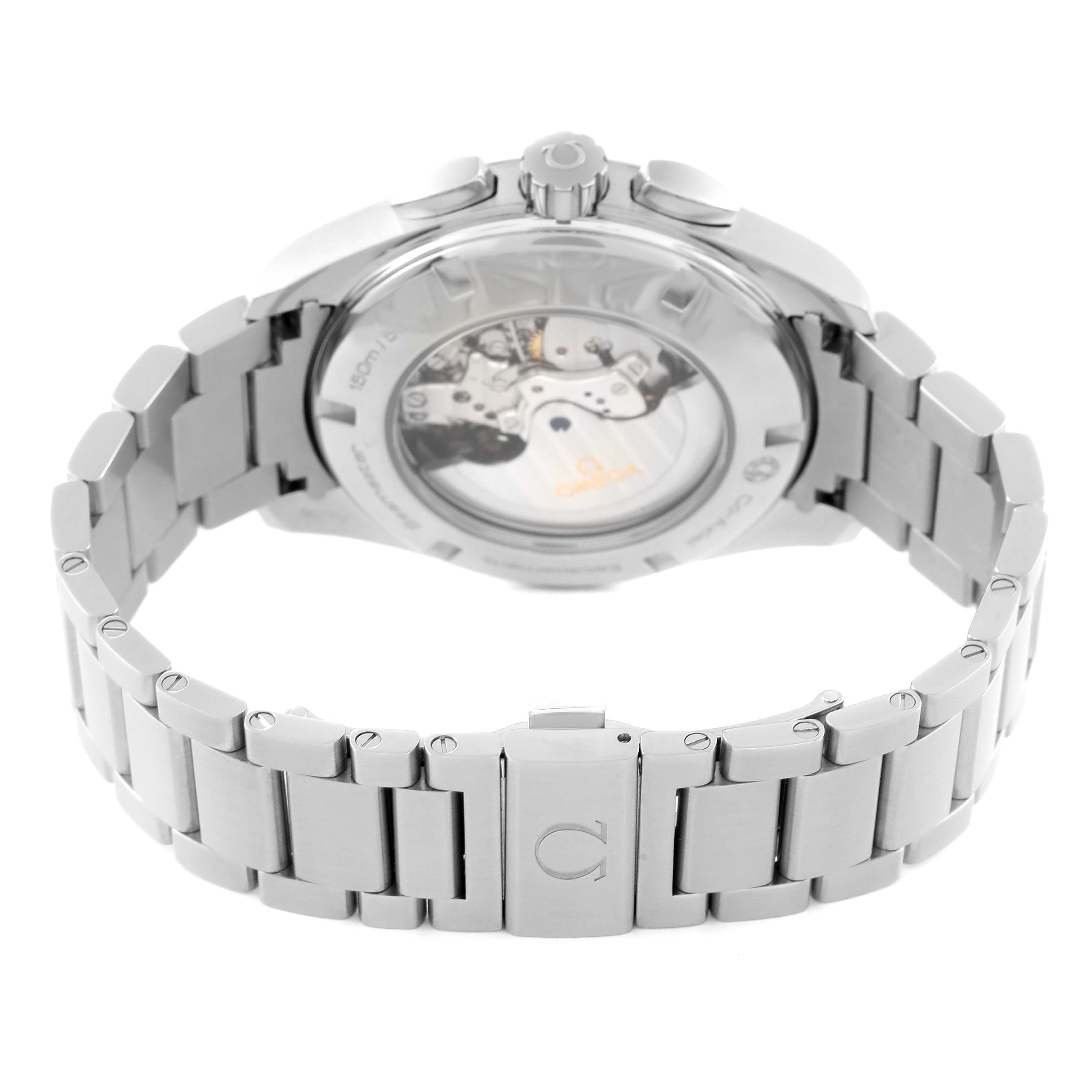The image shows the back view of the Omega Aqua Terra 231.10.44.50.09.001 Men's Stainless Steel White Dial 231.10.44.50.09.001 Men's Stainless Steel White Dial watch, displaying the bracelet and the transparent case back revealing the movement.