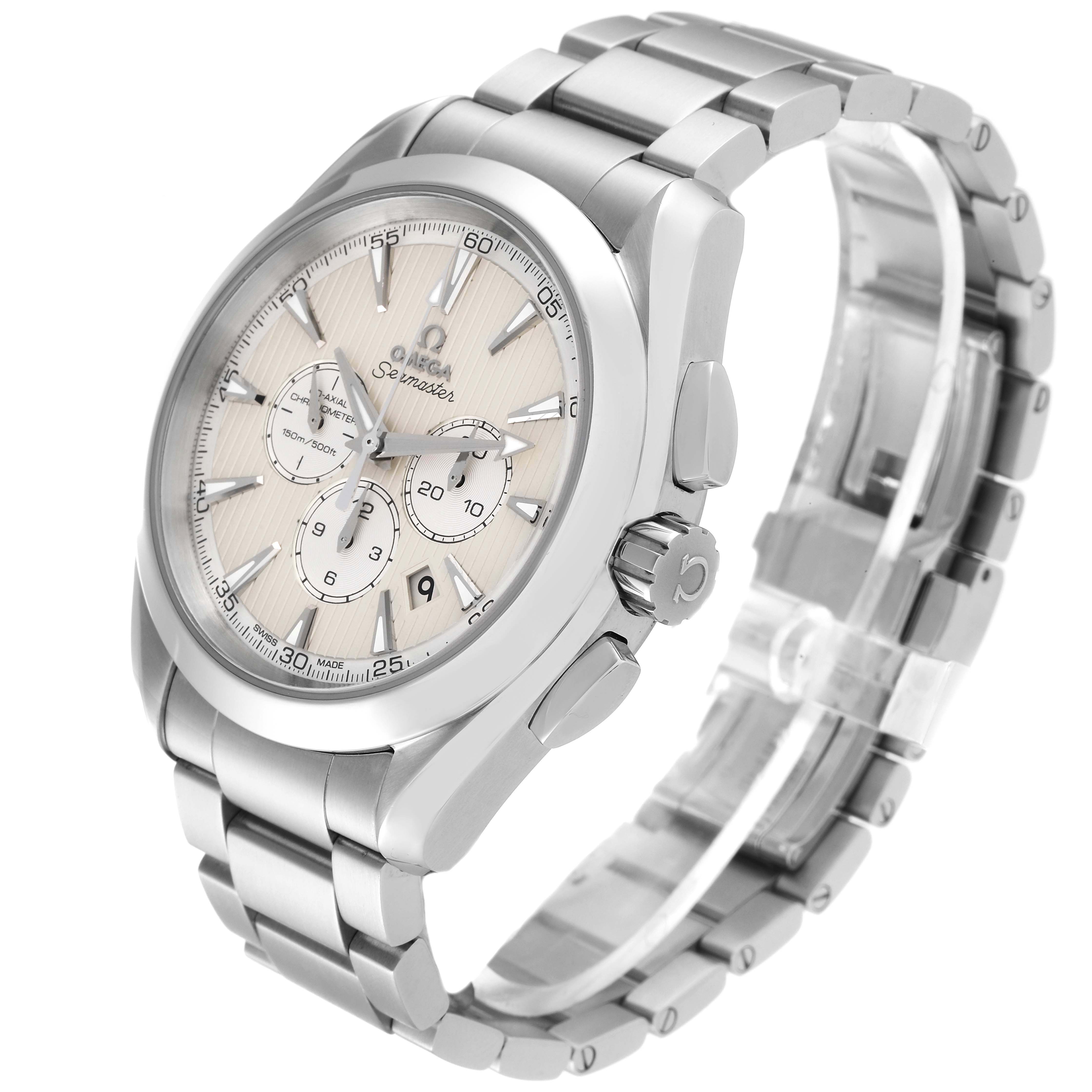 The Omega Aqua Terra 231.10.44.50.09.001 Men's Stainless Steel White Dial 231.10.44.50.09.001 Men's Stainless Steel White Dial watch is shown from a 3/4 angle, highlighting the face, bezel, bracelet, and side buttons.
