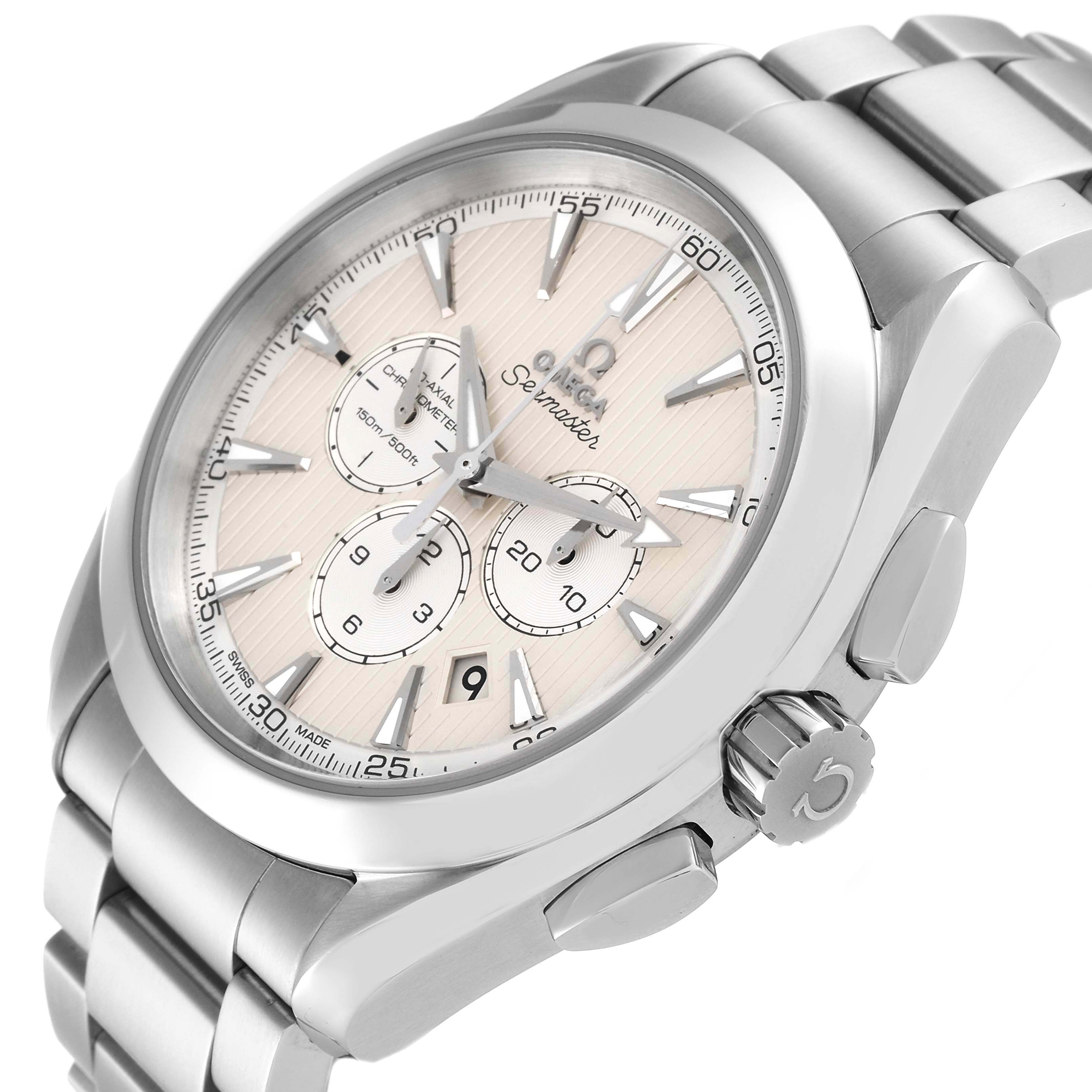 The Omega Aqua Terra 231.10.44.50.09.001 Men's Stainless Steel White Dial 231.10.44.50.09.001 Men's Stainless Steel White Dial watch is shown at a three-quarter angle, featuring its bezel, face, pushers, crown, and part of the metal bracelet.