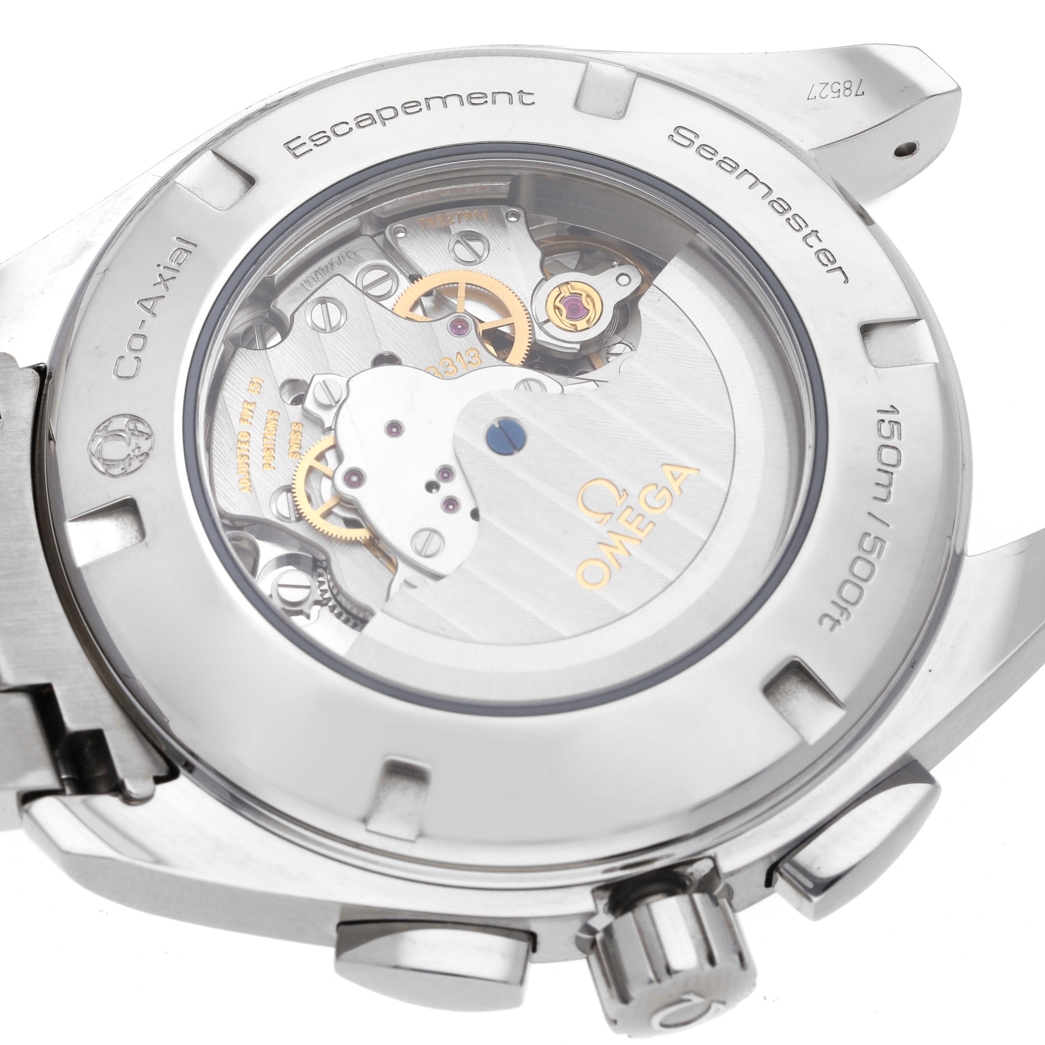 The image shows the back of the Omega Aqua Terra 231.10.44.50.09.001 Men's Stainless Steel White Dial 231.10.44.50.09.001 Men's Stainless Steel White Dial watch with its internal mechanical movement visible through a transparent case-back.