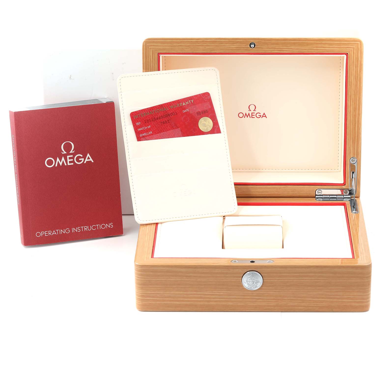 This image shows the Omega Aqua Terra 231.10.44.50.09.001 Men's Stainless Steel White Dial 231.10.44.50.09.001 Men's Stainless Steel White Dial watch box, operating instructions booklet, and international warranty card holder.