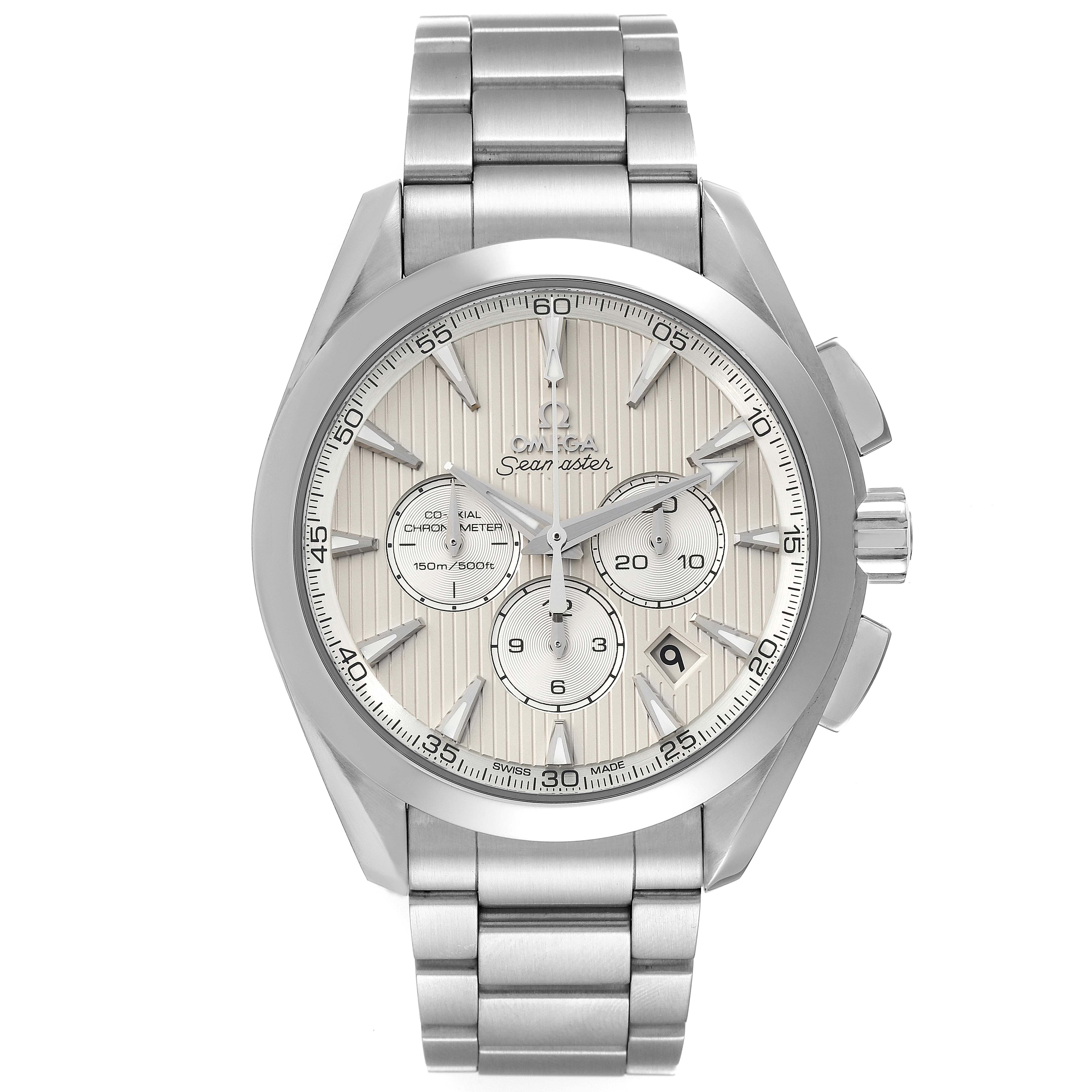 The image shows a front view of the Omega Aqua Terra 231.10.44.50.09.001 Men's Stainless Steel White Dial 231.10.44.50.09.001 Men's Stainless Steel White Dial watch, displaying its face, bezel, and stainless steel bracelet.