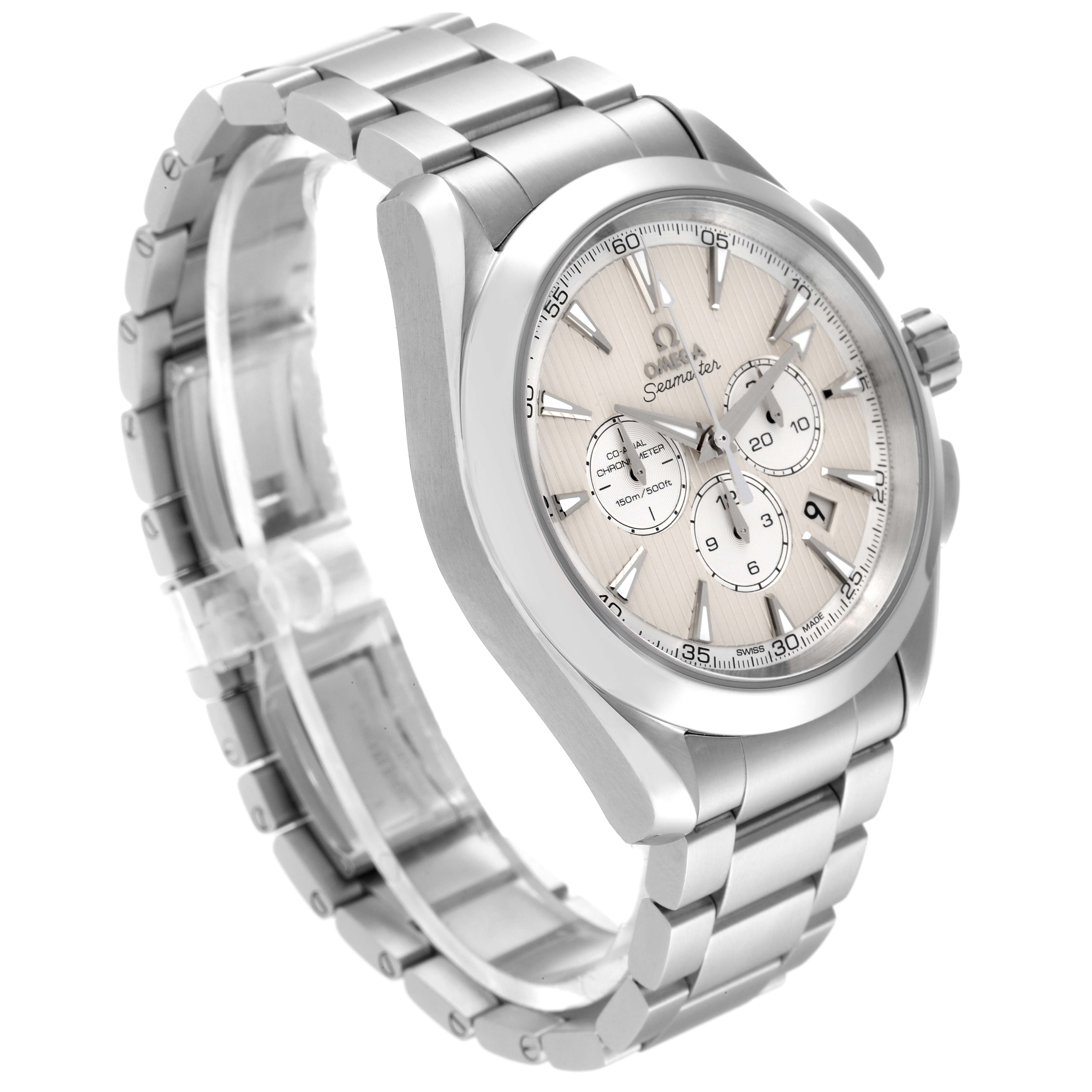 The image shows a side and front angled view of the Omega Aqua Terra 231.10.44.50.09.001 Men's Stainless Steel White Dial 231.10.44.50.09.001 Men's Stainless Steel White Dial watch, highlighting its face and metal bracelet.