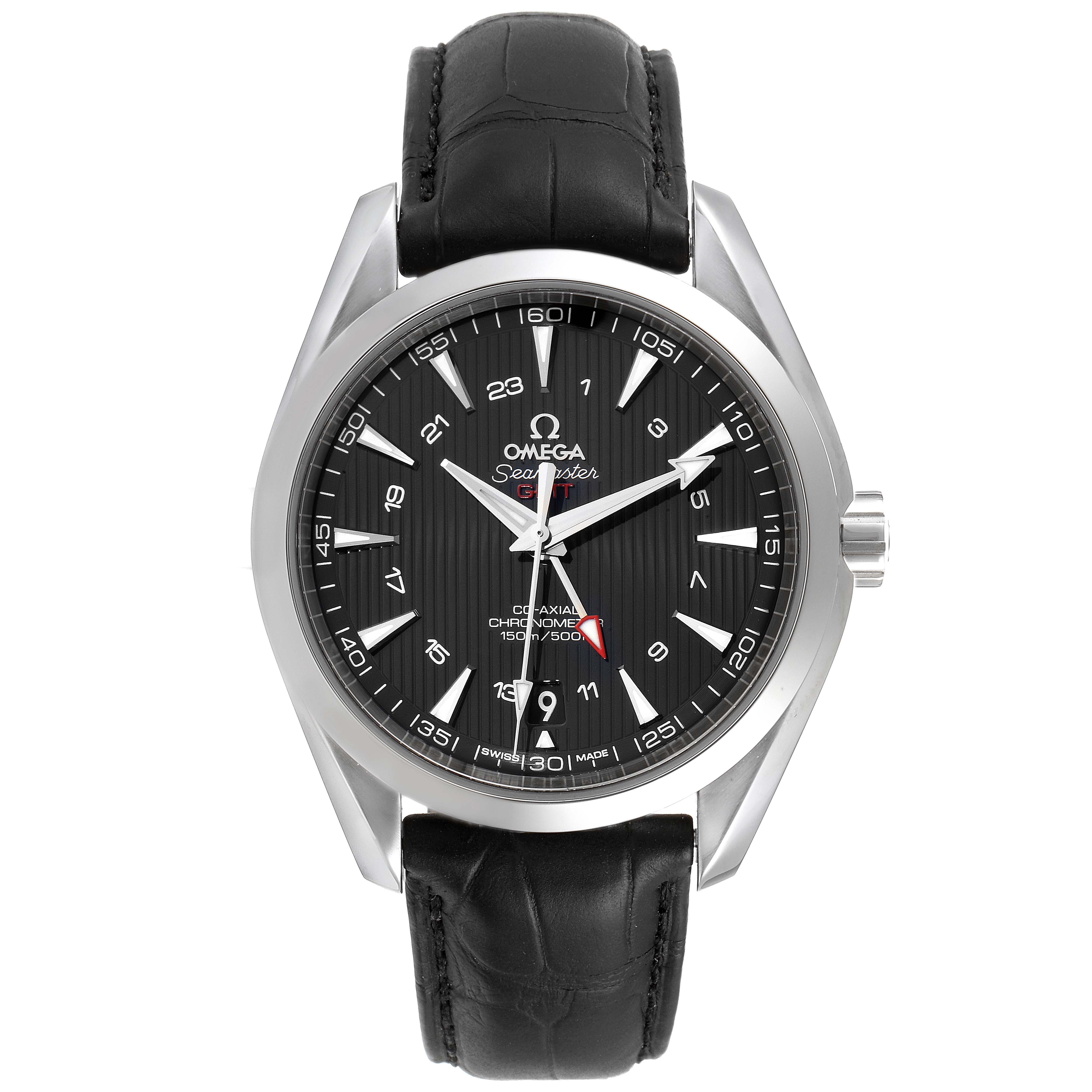 The image shows a front view of the Omega Aqua Terra 231.13.43.22.01.001 Men's Stainless Steel Black Dial 231.13.43.22.01.001 Men's Stainless Steel Black Dial watch, highlighting its dial, hands, and leather strap.