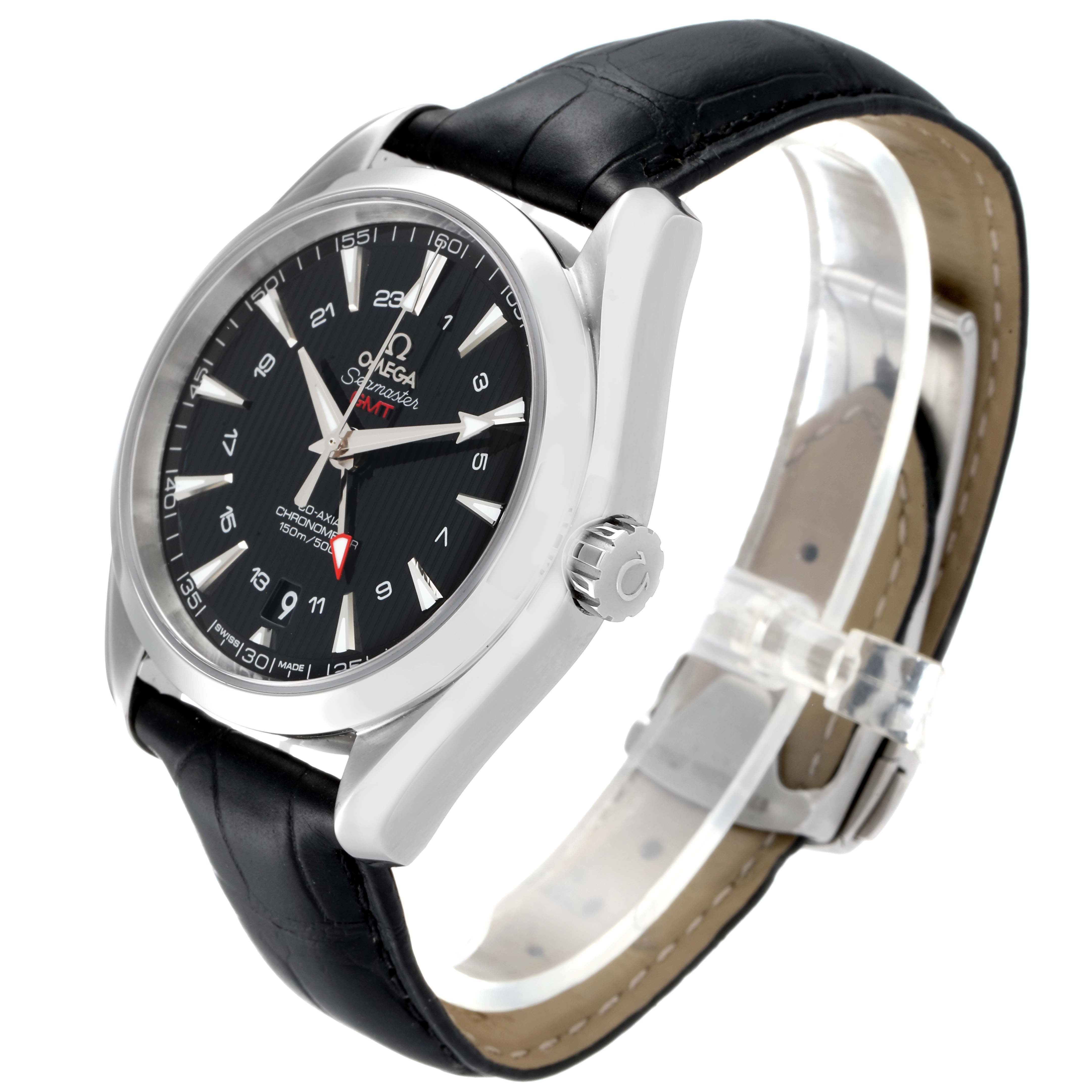 The Omega Aqua Terra 231.13.43.22.01.001 Men's Stainless Steel Black Dial 231.13.43.22.01.001 Men's Stainless Steel Black Dial watch is shown at an angle displaying the face, side profile, and leather strap.