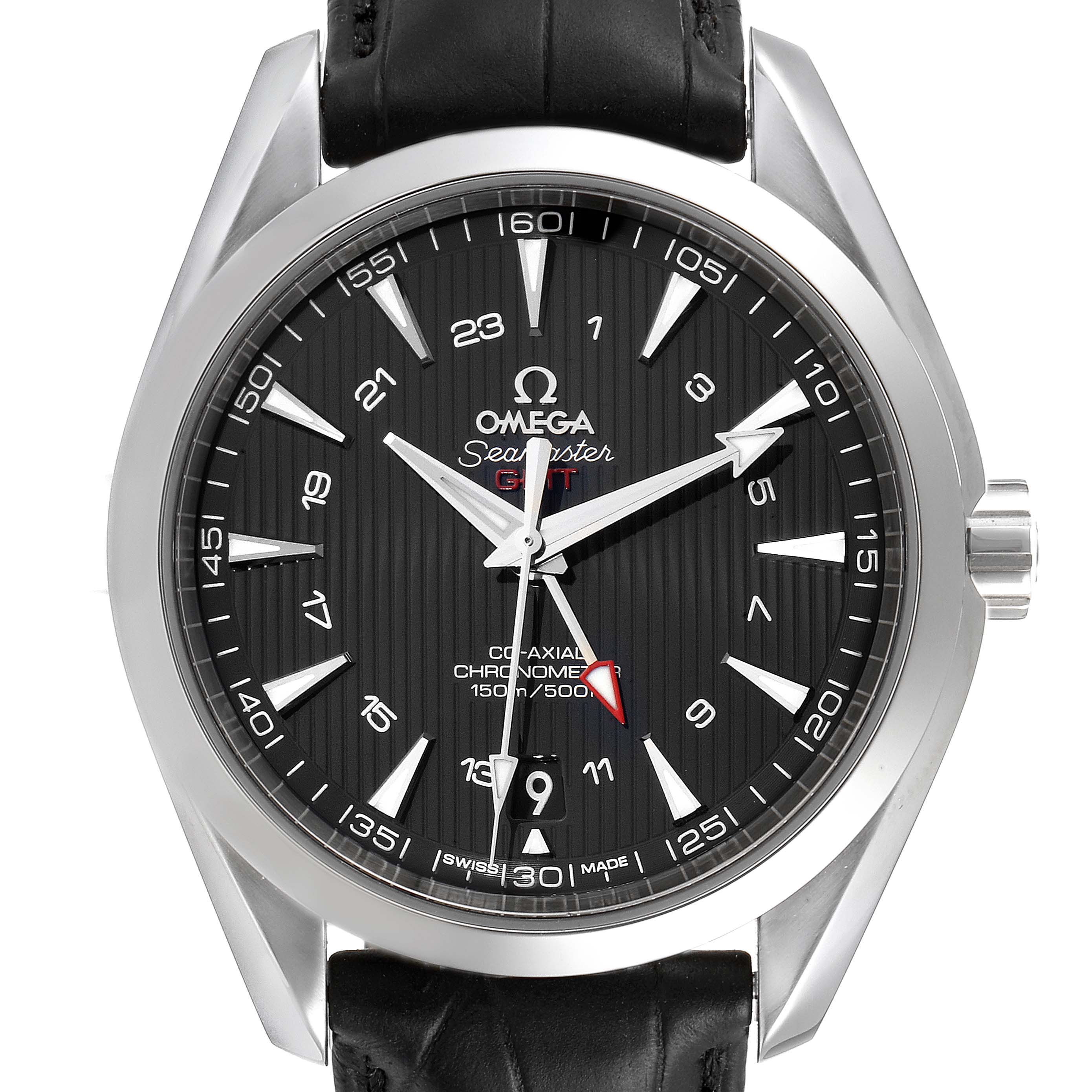 This is a front view of the Omega Aqua Terra 231.13.43.22.01.001 Men's Stainless Steel Black Dial 231.13.43.22.01.001 Men's Stainless Steel Black Dial model watch, showcasing the dial, hands, markers, and leather strap.