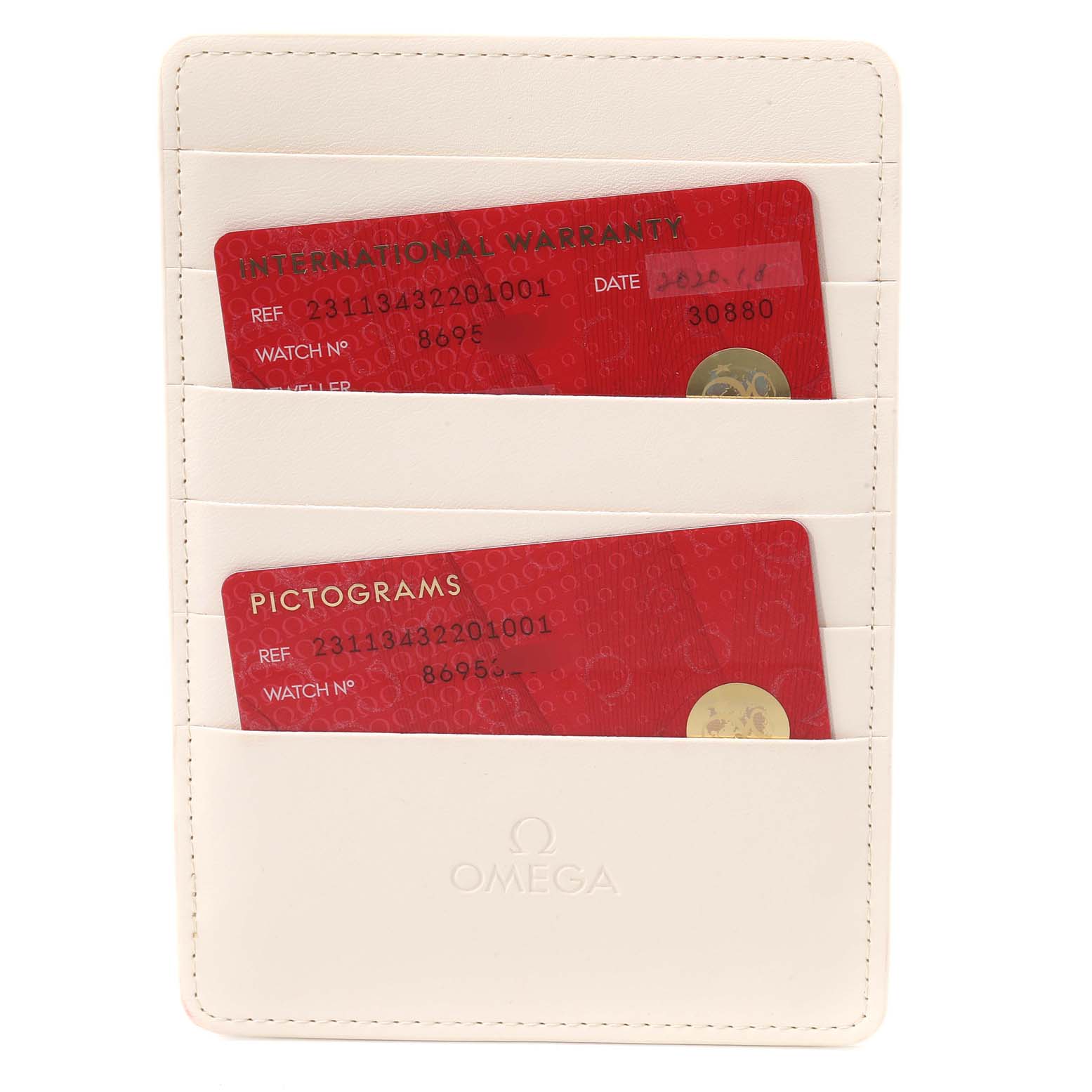 The image shows the warranty cards and a white leather wallet holder for the Omega Aqua Terra 231.13.43.22.01.001 Men's Stainless Steel Black Dial 231.13.43.22.01.001 Men's Stainless Steel Black Dial watch.