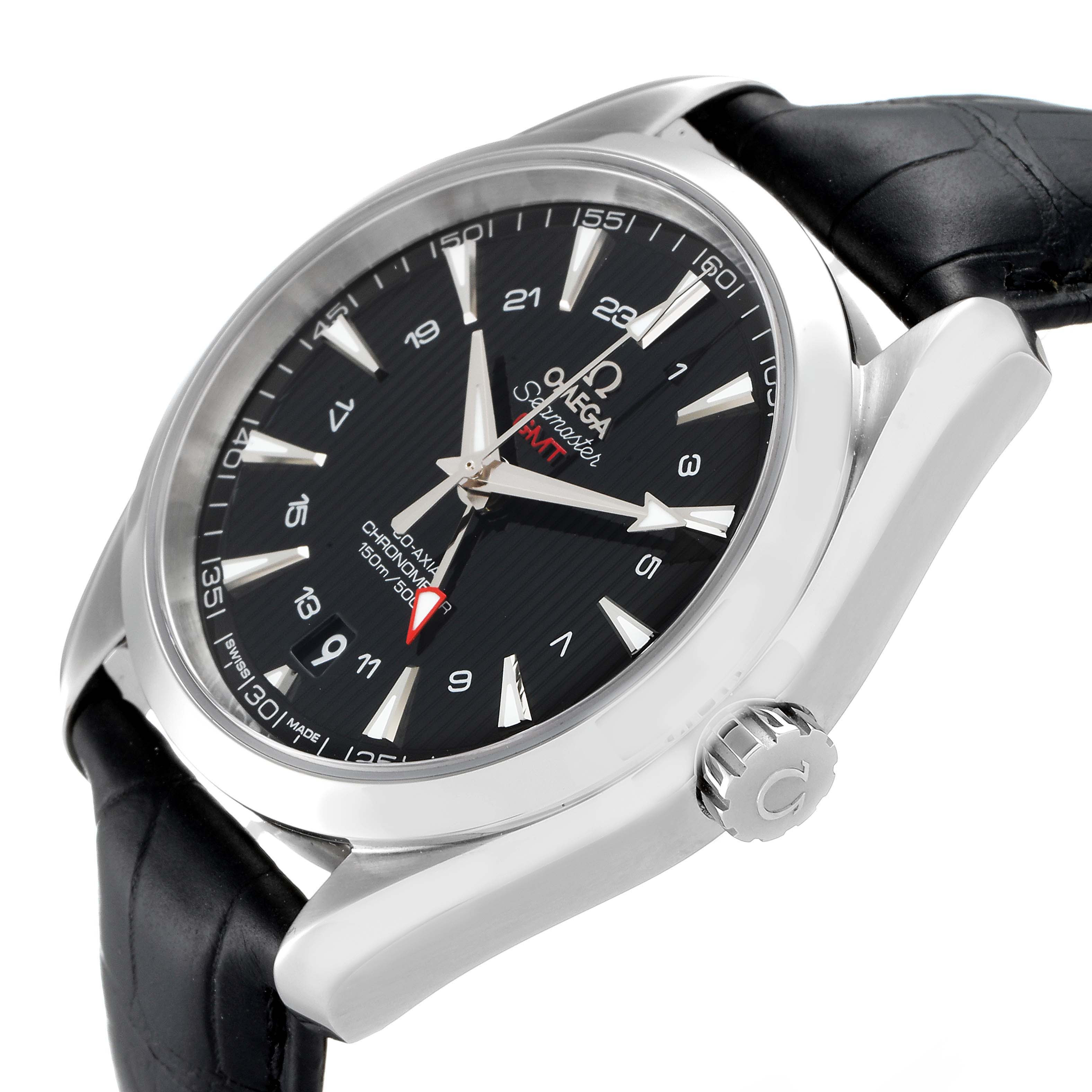 The image shows an Omega Aqua Terra 231.13.43.22.01.001 Men's Stainless Steel Black Dial 231.13.43.22.01.001 Men's Stainless Steel Black Dial watch at an angle, highlighting its black dial, indices, crown, and leather strap.