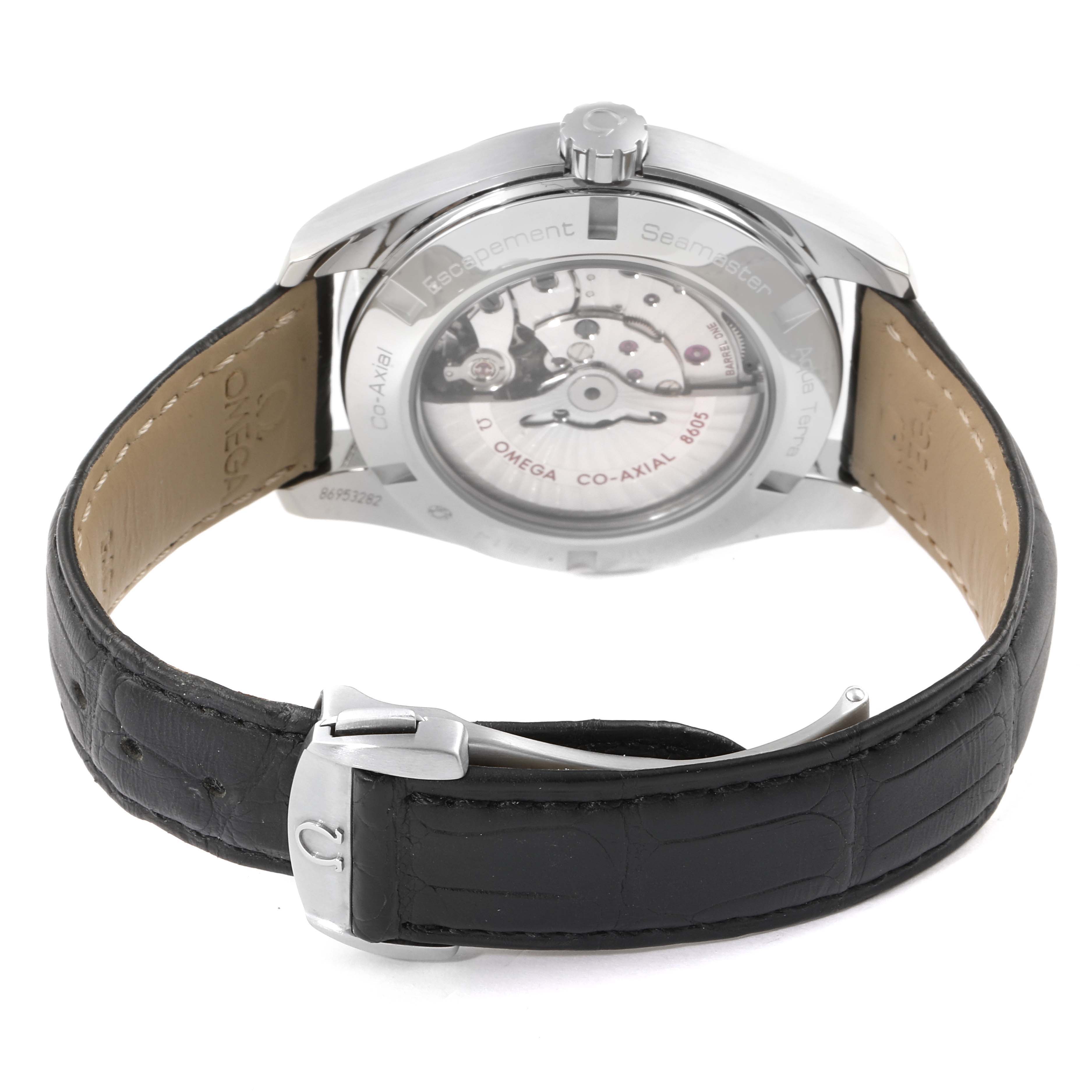 The image shows the back view of an Omega Aqua Terra 231.13.43.22.01.001 Men's Stainless Steel Black Dial 231.13.43.22.01.001 Men's Stainless Steel Black Dial watch, highlighting the movement and leather strap.