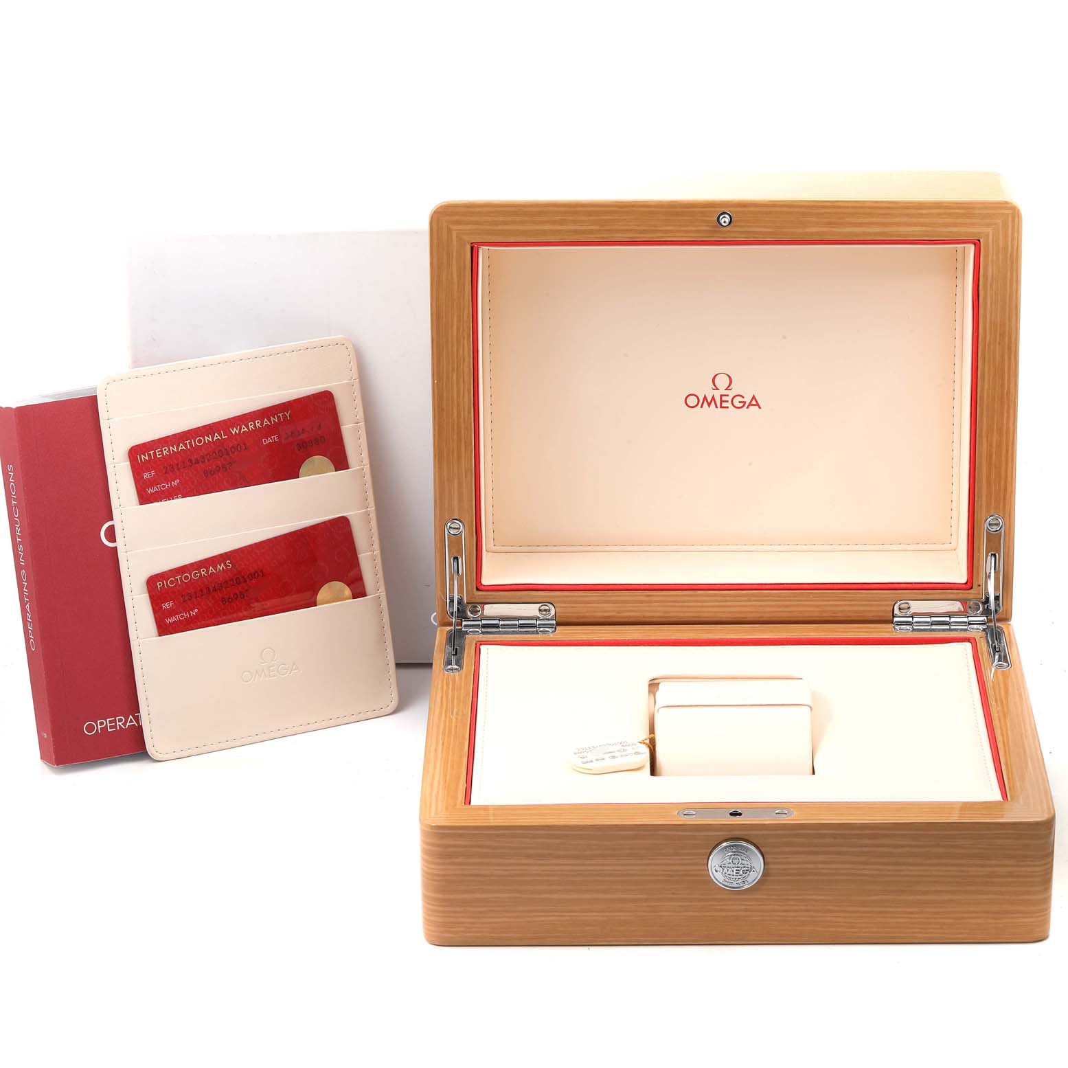 The image shows the packaging, warranty cards, and accessory box for the Omega Aqua Terra 231.13.43.22.01.001 Men's Stainless Steel Black Dial 231.13.43.22.01.001 Men's Stainless Steel Black Dial watch model.