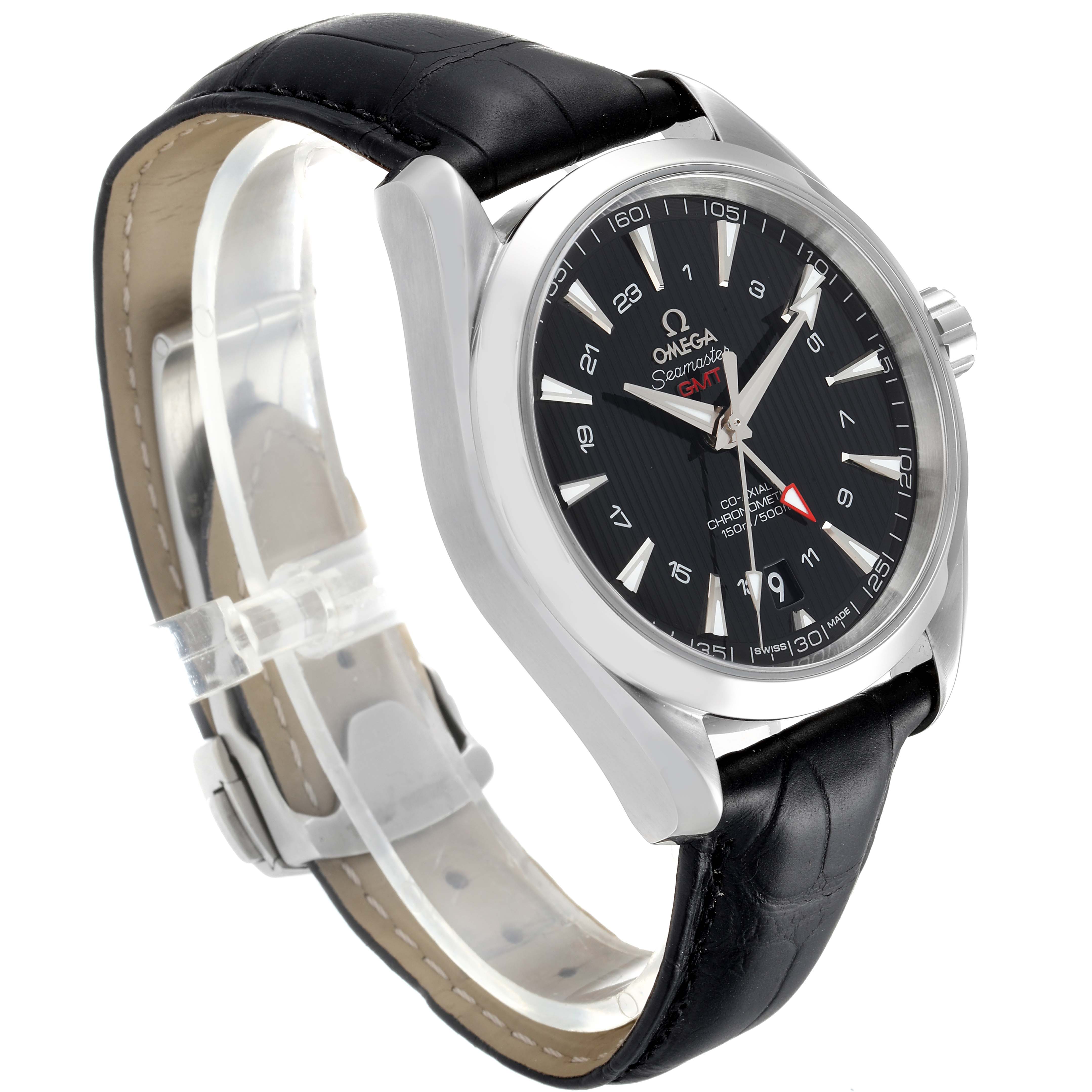 The Omega Aqua Terra 231.13.43.22.01.001 Men's Stainless Steel Black Dial 231.13.43.22.01.001 Men's Stainless Steel Black Dial watch is shown at an angle highlighting its face, bezel, crown, and black leather strap.