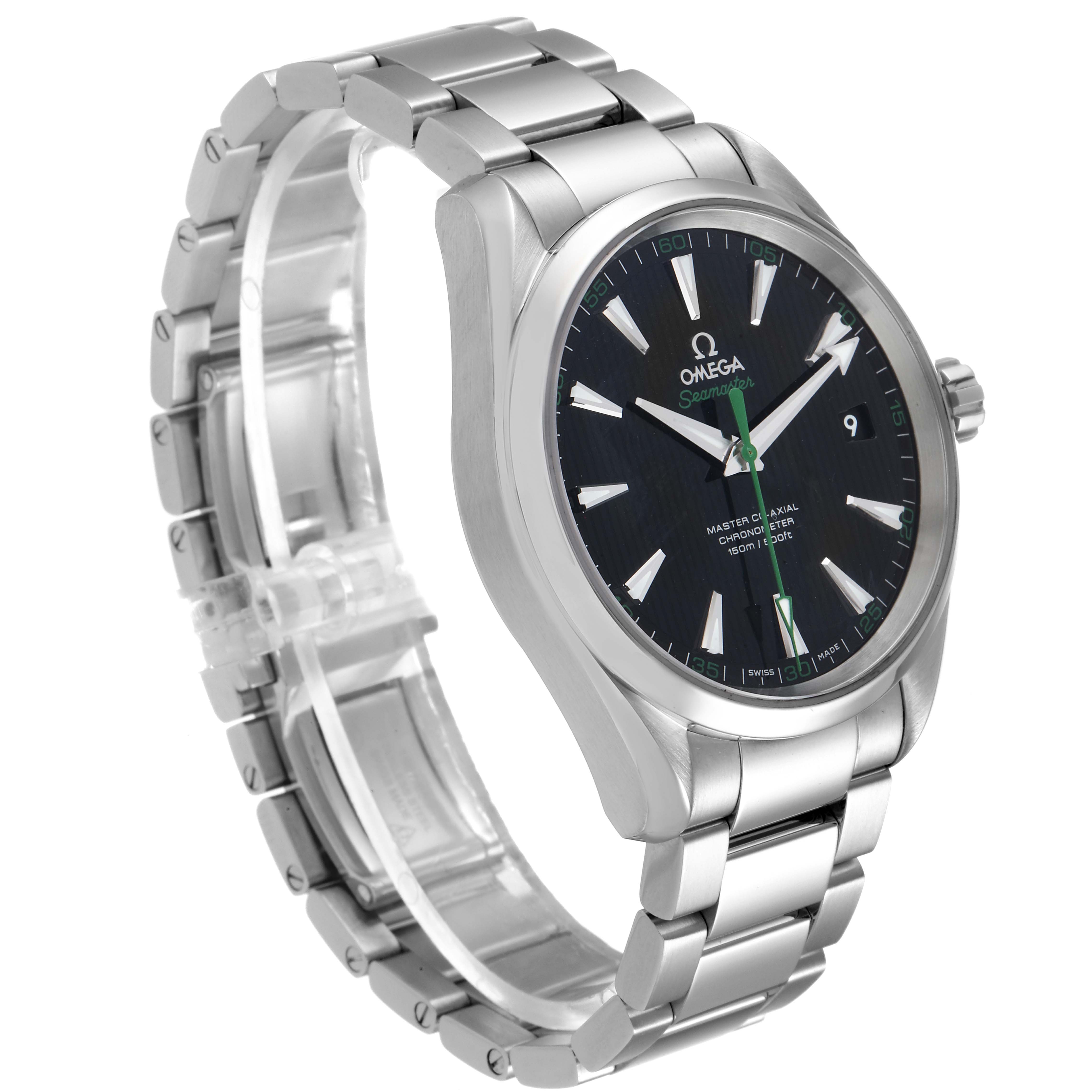 The image shows an Omega Aqua Terra 231.10.42.21.01.004 Men's Stainless Steel Black Dial 231.10.42.21.01.004 Men's Stainless Steel Black Dial watch at a 3/4 angle, highlighting the face, crown, and stainless steel bracelet.